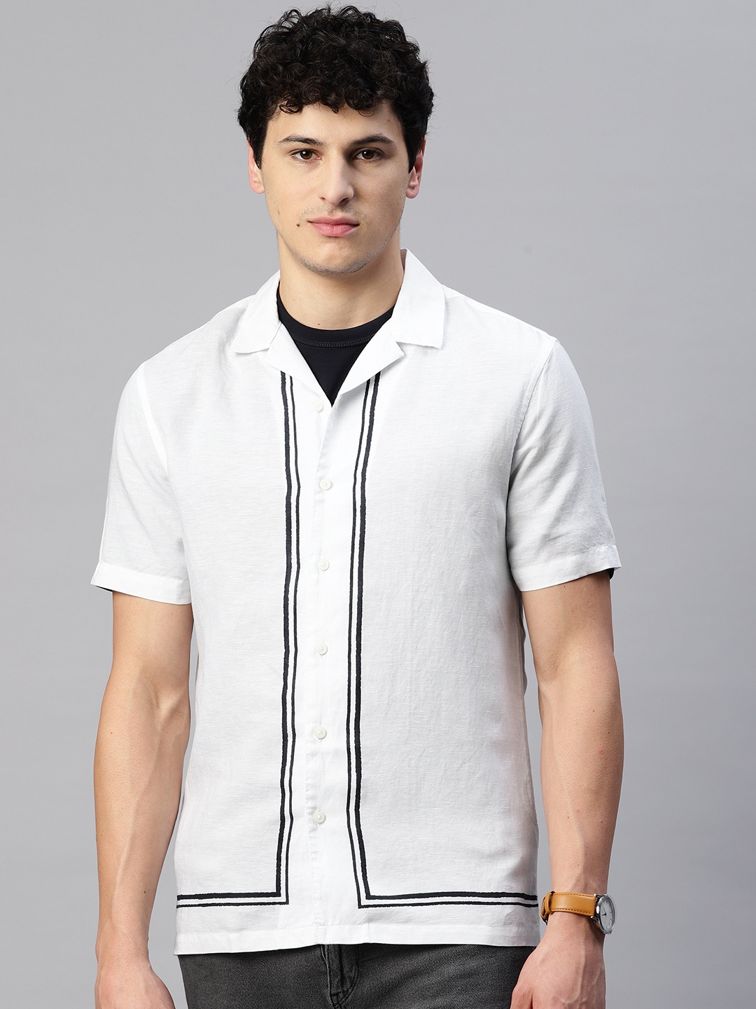 

Marks & Spencer Striped Cuban Collar Casual Shirt, White