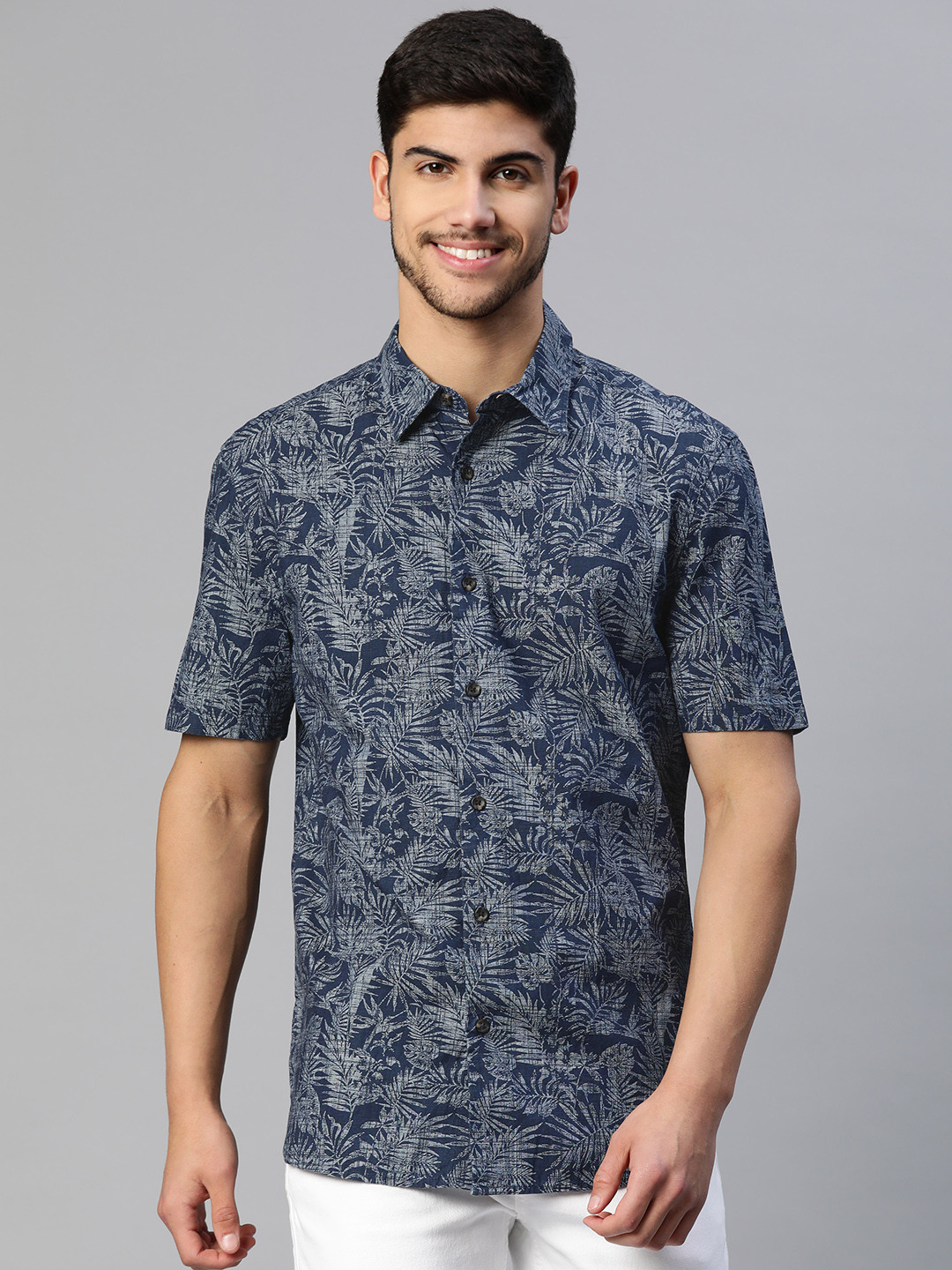 

Marks & Spencer Men Tropical Printed Pure Cotton Casual Shirt, Navy blue