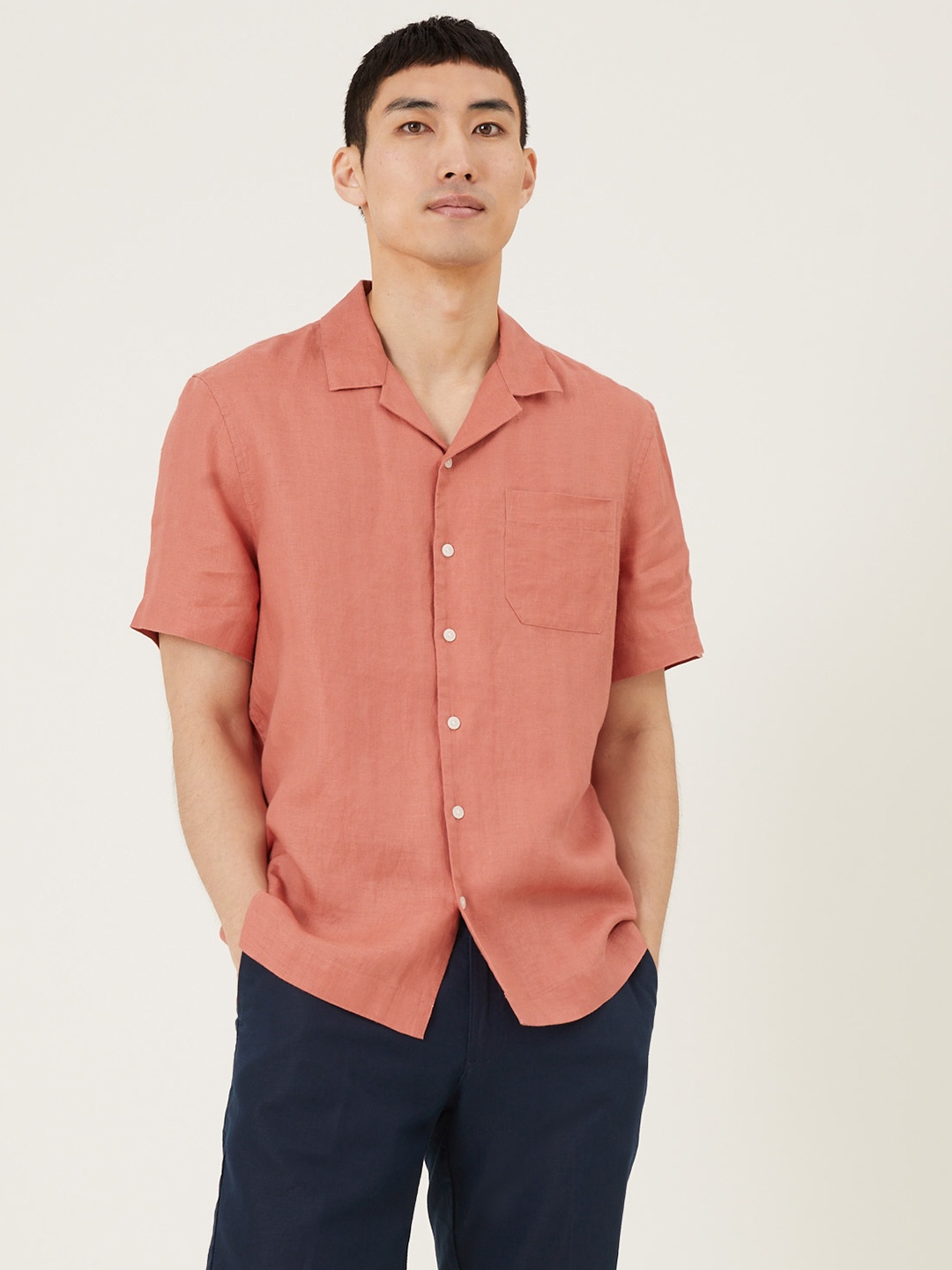 

Marks & Spencer Men Coral Red Self Checked Pure Linen Casual Shirt