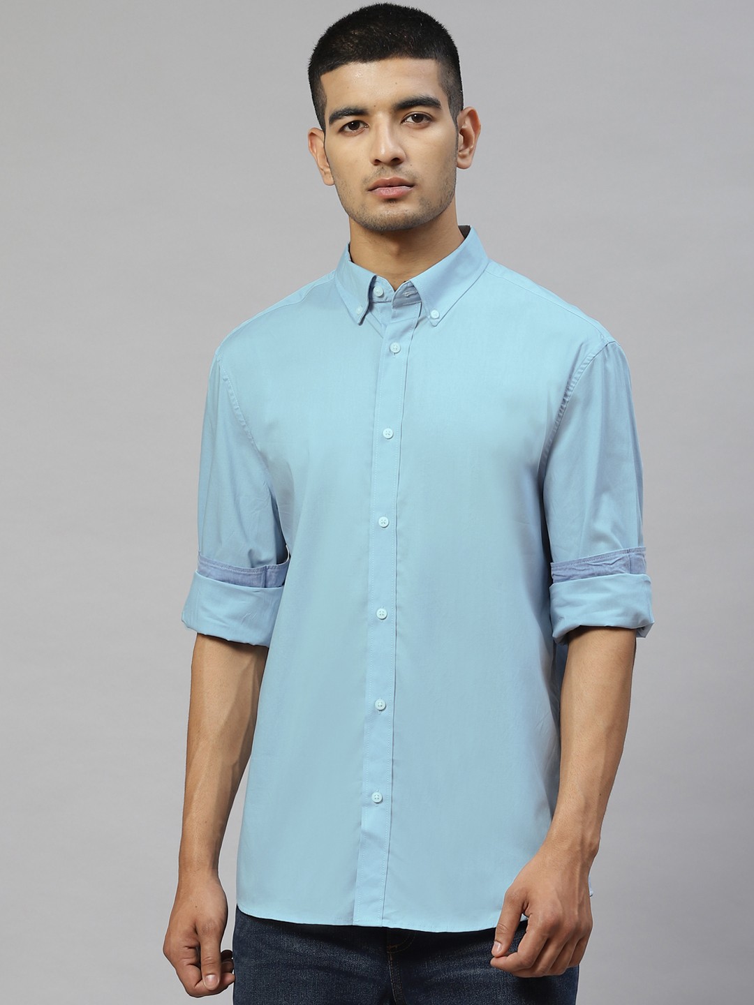 

Marks & Spencer Men Blue Solid Pure Cotton Casual Shirt