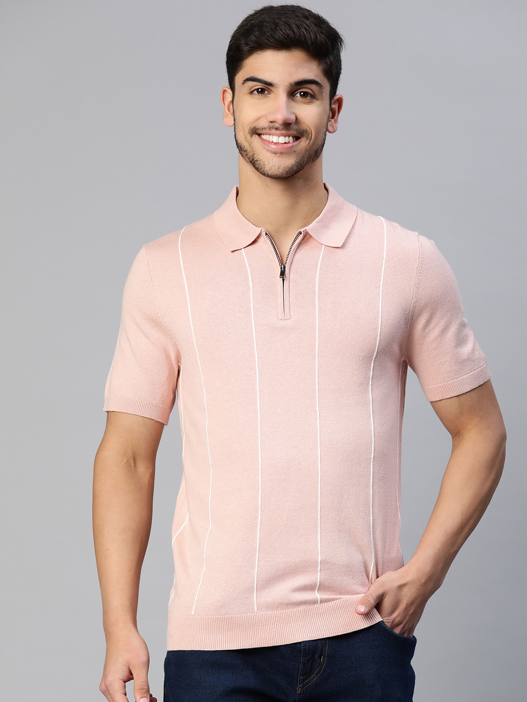 

Marks & Spencer Men Striped Spread Collar T-shirt, Pink