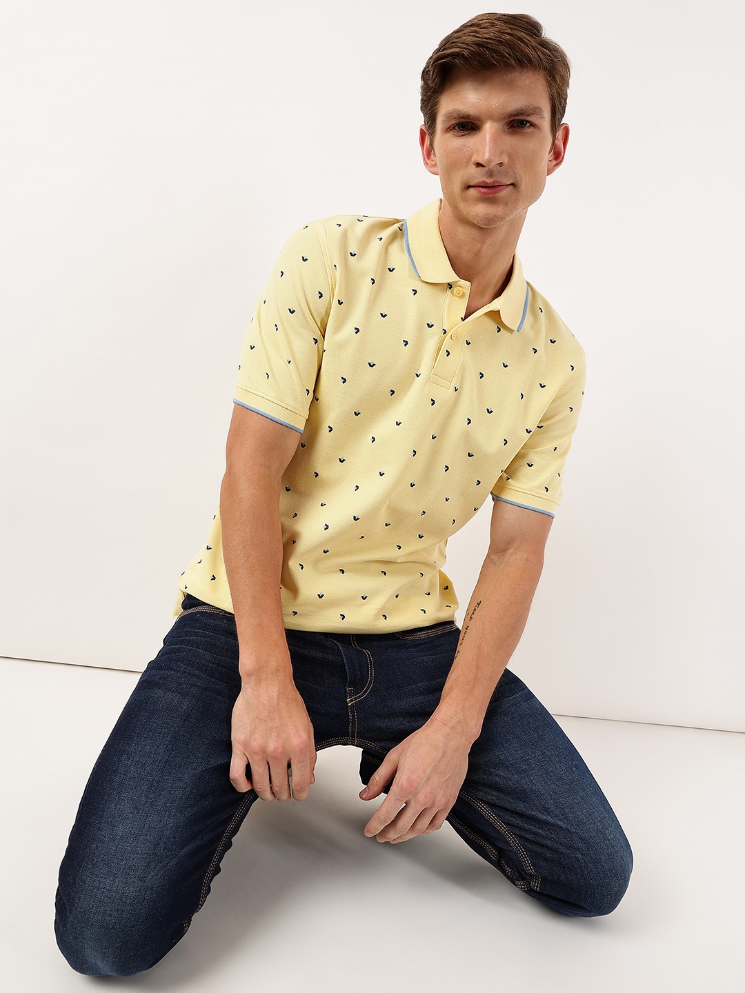 

Marks & Spencer Men Pure Cotton Yellow & Navy Blue Printed Polo Collar T-shirt