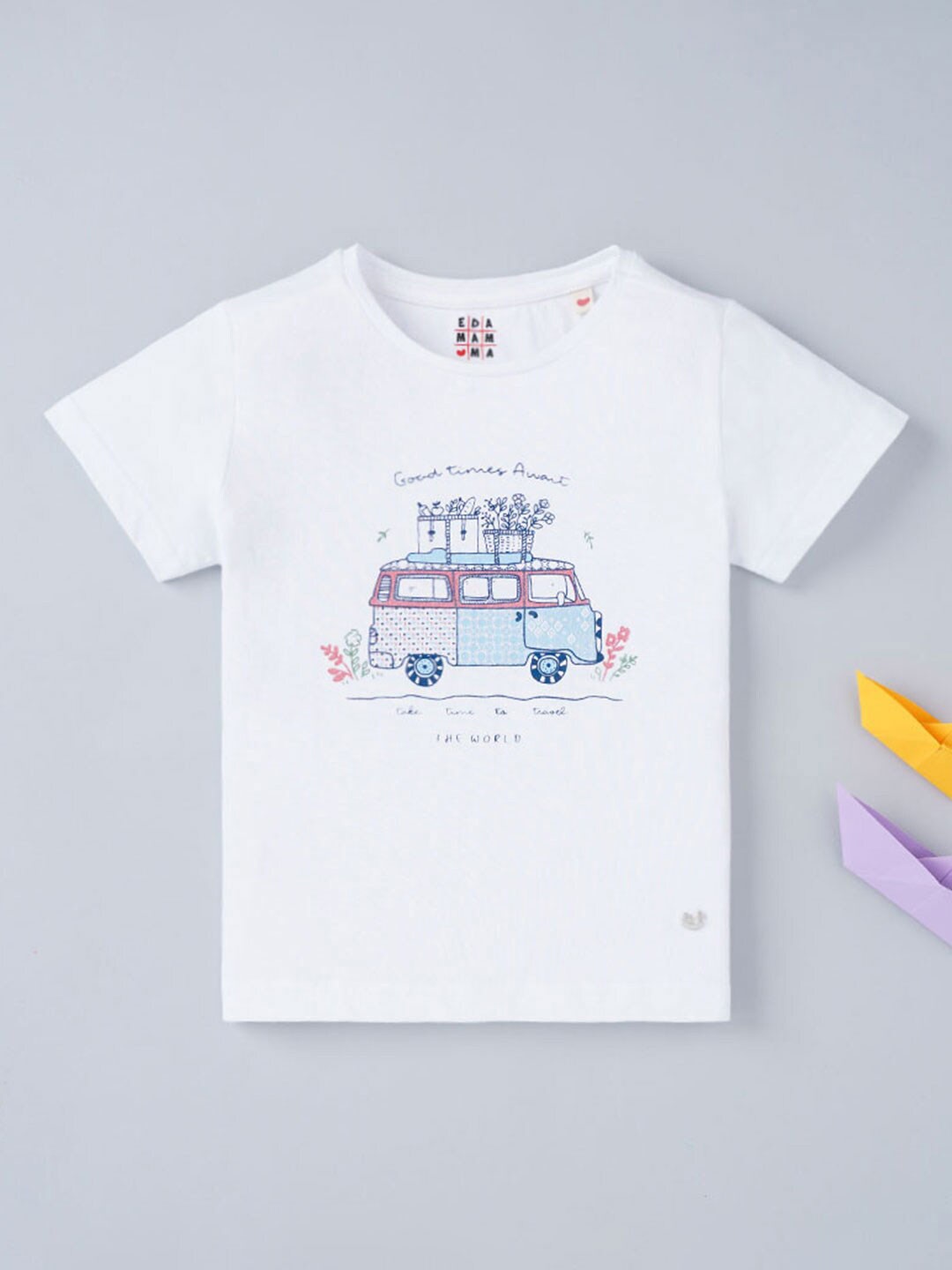 

Ed-a-Mamma Girls White & magnolia Printed V-Neck Applique T-shirt
