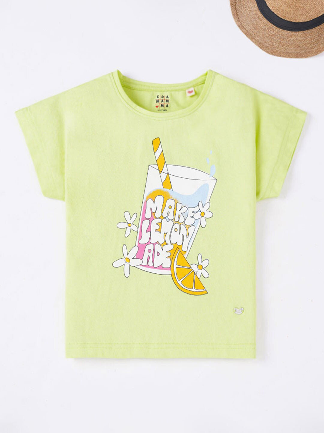 

Ed-a-Mamma Girls Green & tender yellow Printed Extended Sleeves Applique T-shirt