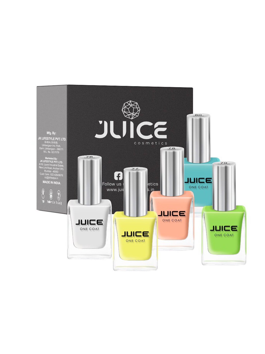 

JUICE Set Of 5 BristolFog-76 Butterfly Yellow-77 Macaroni Orange-78 ElectricLime-79 BlueBubble-80 Nail Polish, Multi