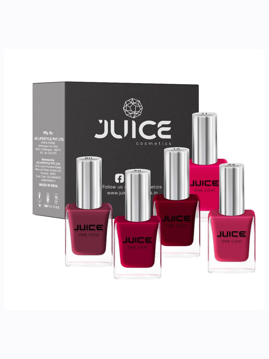 

JUICE Set Of 5 FlamencoRed-11 CherryRed-15 PretyPeach-44 RedCurrent-49 SummerTangerine-60 Nail Polish, Red