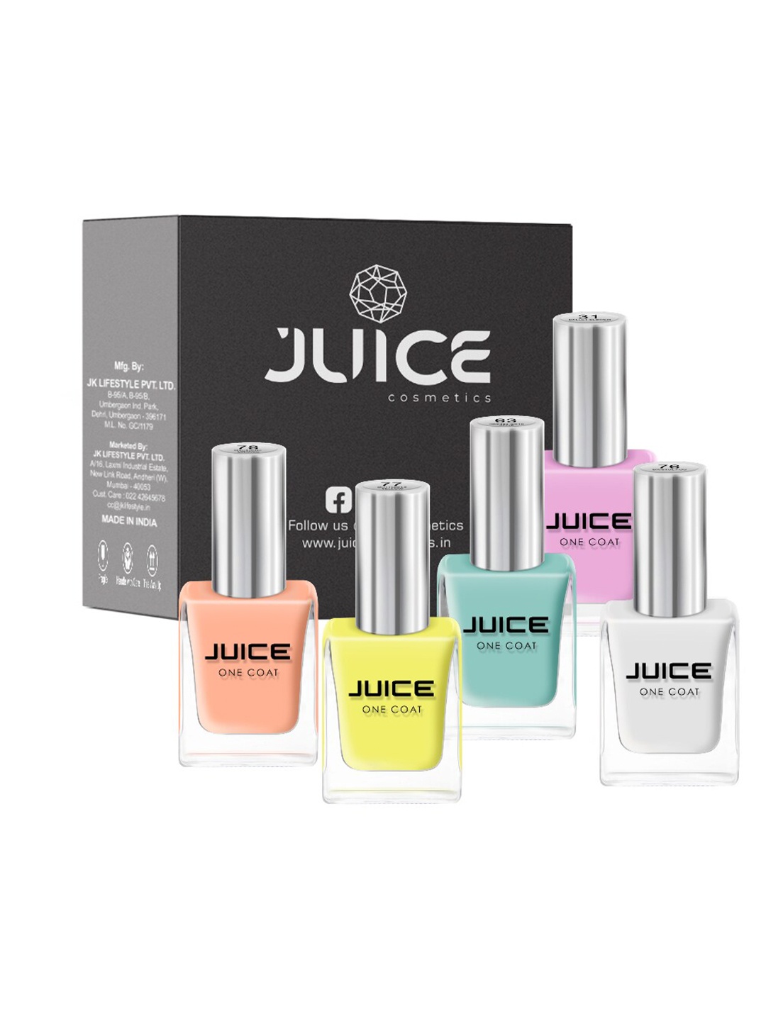 

JUICE Set Of 5 BalletSlipper-31 GrannyApple-63 BristolFog-76 ButterflyYellow-77 MacaroniOrange-78 Nail Polish, Multi