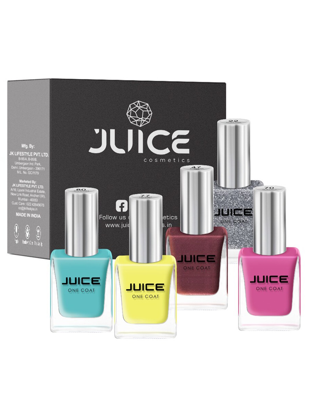 

JUICE Set Of 5 SilverSand-22 CarnationPink-47 Spontaneity-70 ButterflyYellow-77 BlueBubble-80 Nail Polish, Multi