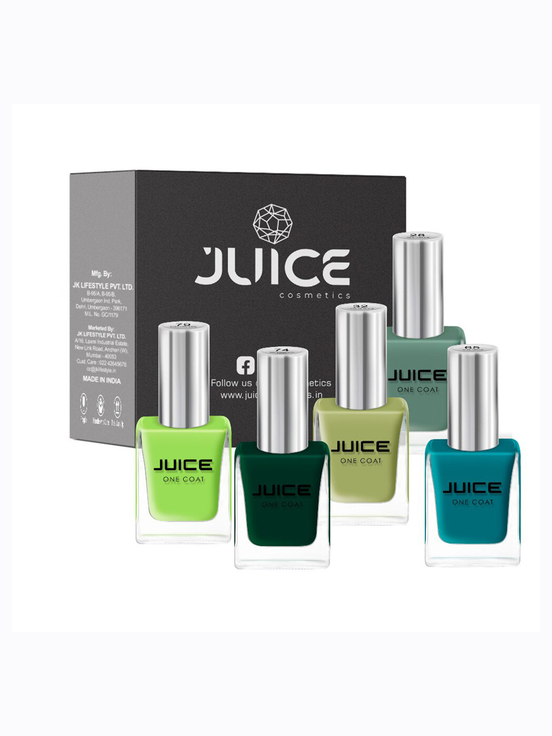 

JUICE Set Of 5 SeaGreen-28 LemonSlice-32 GleeGreen-65 SacramentoLawn-74 ElectricLime-79 Nail Polish, Green