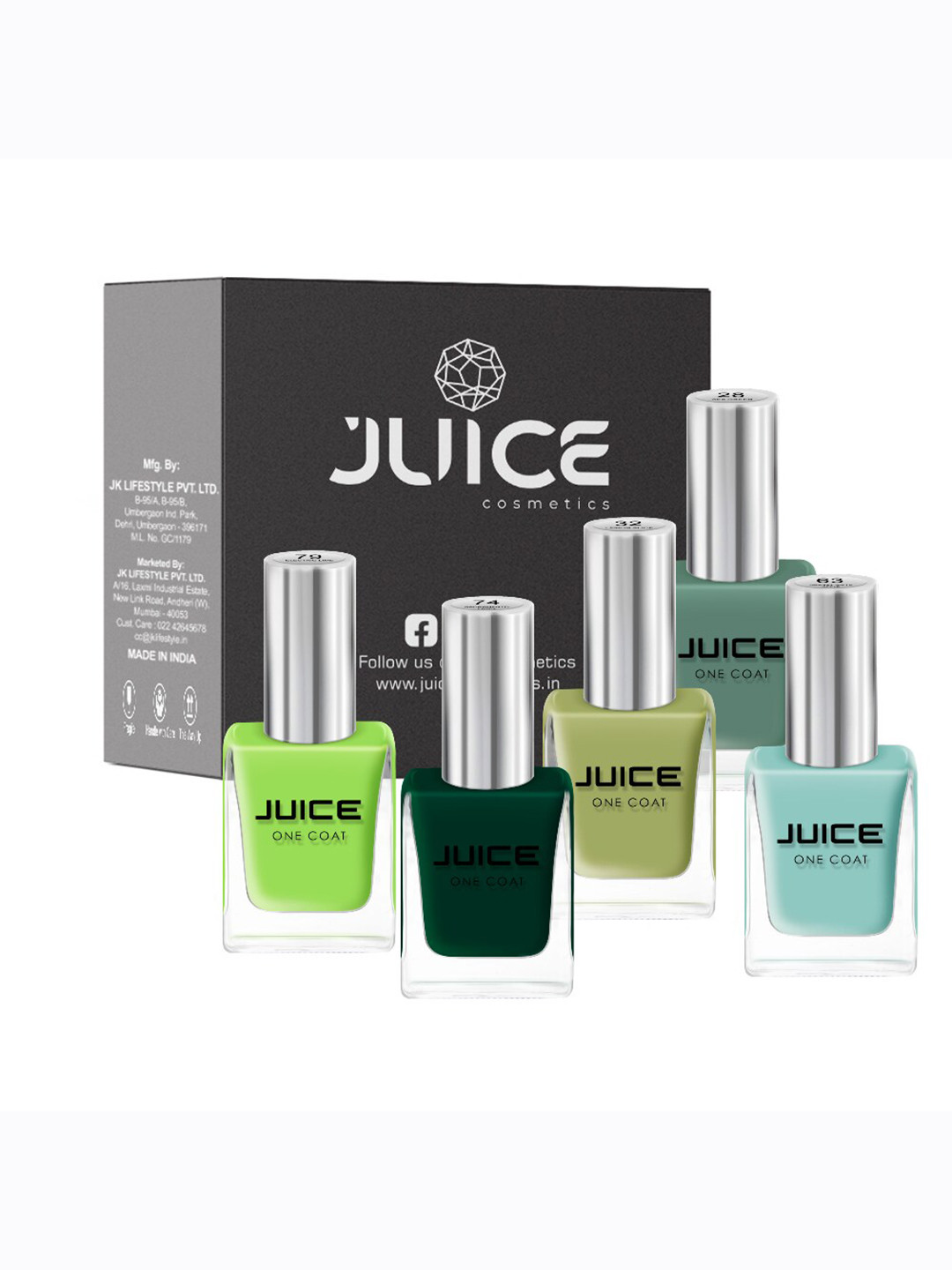 

JUICE Set Of 5 Sea Green-28 Lemon Slice-32 GrannySmithApple-63 SacramentoLawn-74 Electric Lime-79 Nail Polish