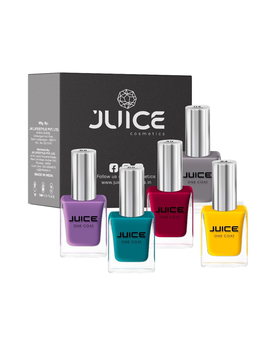 

JUICE Set Of 5 LightMink-04 Red Current-49 Lemon Cadmium-64 GleeGreen-65 PurpleFaith-68 Nail Polish, Multi