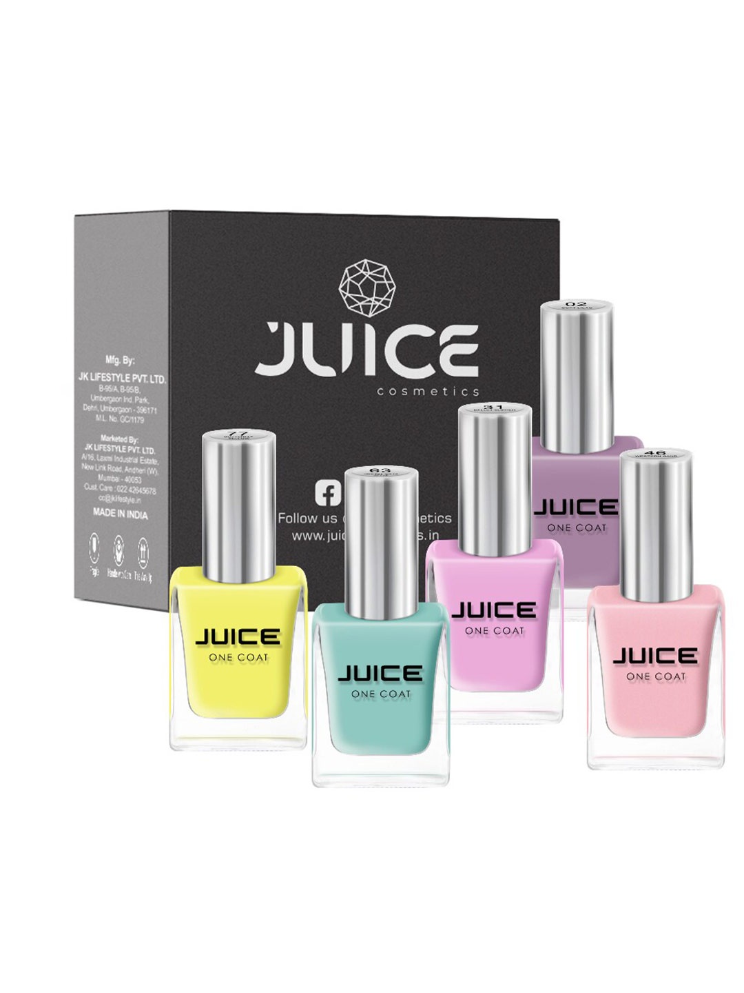 

JUICE Set Of 5 SoftLilac-02 BalletSlipper-31 WesternSand-46 GrannySmithApple-63 ButterflyYellow-77 Nail Polish, Multi