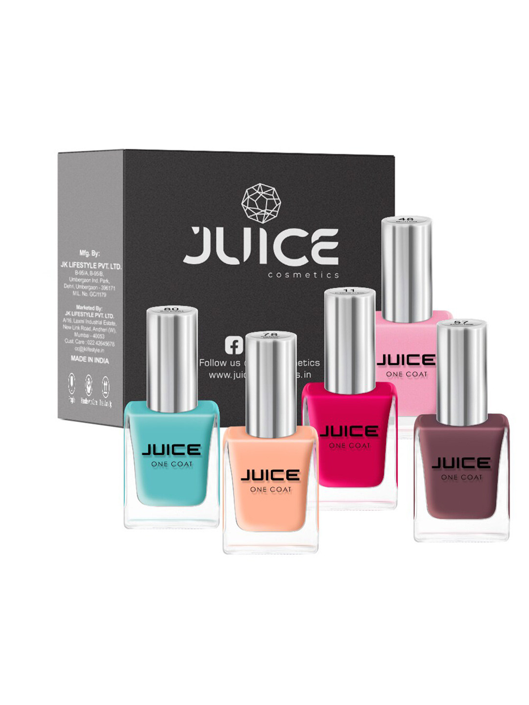 

JUICE Set Of 5 Flamenco Red-11 Hello Pink-48 Earth Tone-57 Macaroni Orange-78 Blue Bubble-80 Nail Polish, Multi