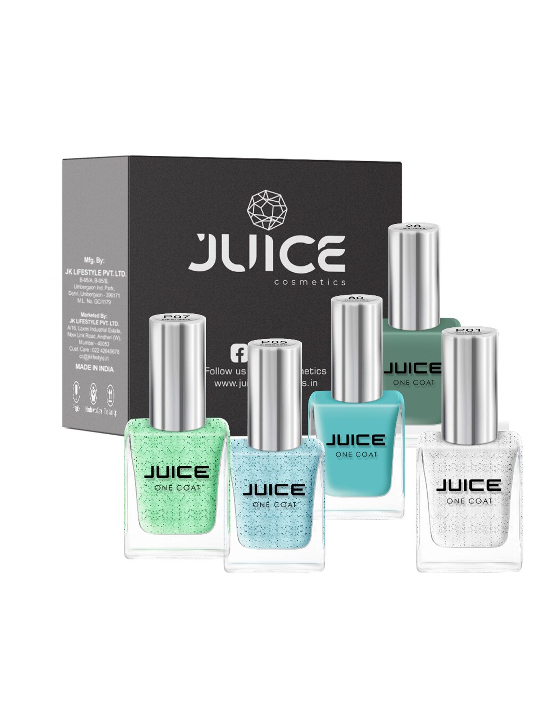 

JUICE Set Of 5 Ghost White-P01 Glorious Sky-P05 Spring Green-P07 Sea Green-28 Blue Bubble-80 Nail Polish, Multi