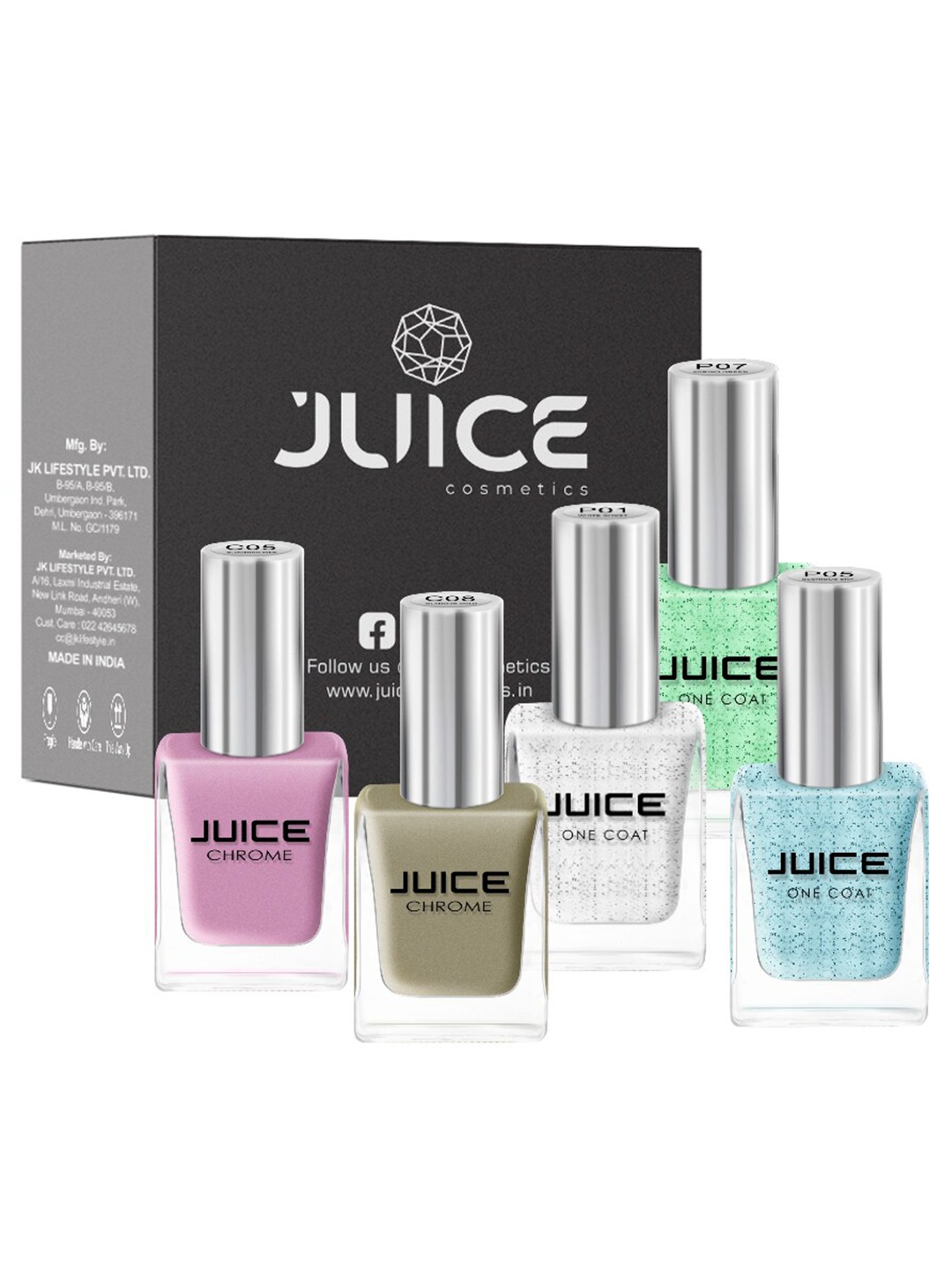 

JUICE Set of 5 Nail Paint Ghost White-P01 GloriousSky-P05 Spring Green-P07 Blooming Pink-C05 GlamourGold-C08 55 ml, Multi