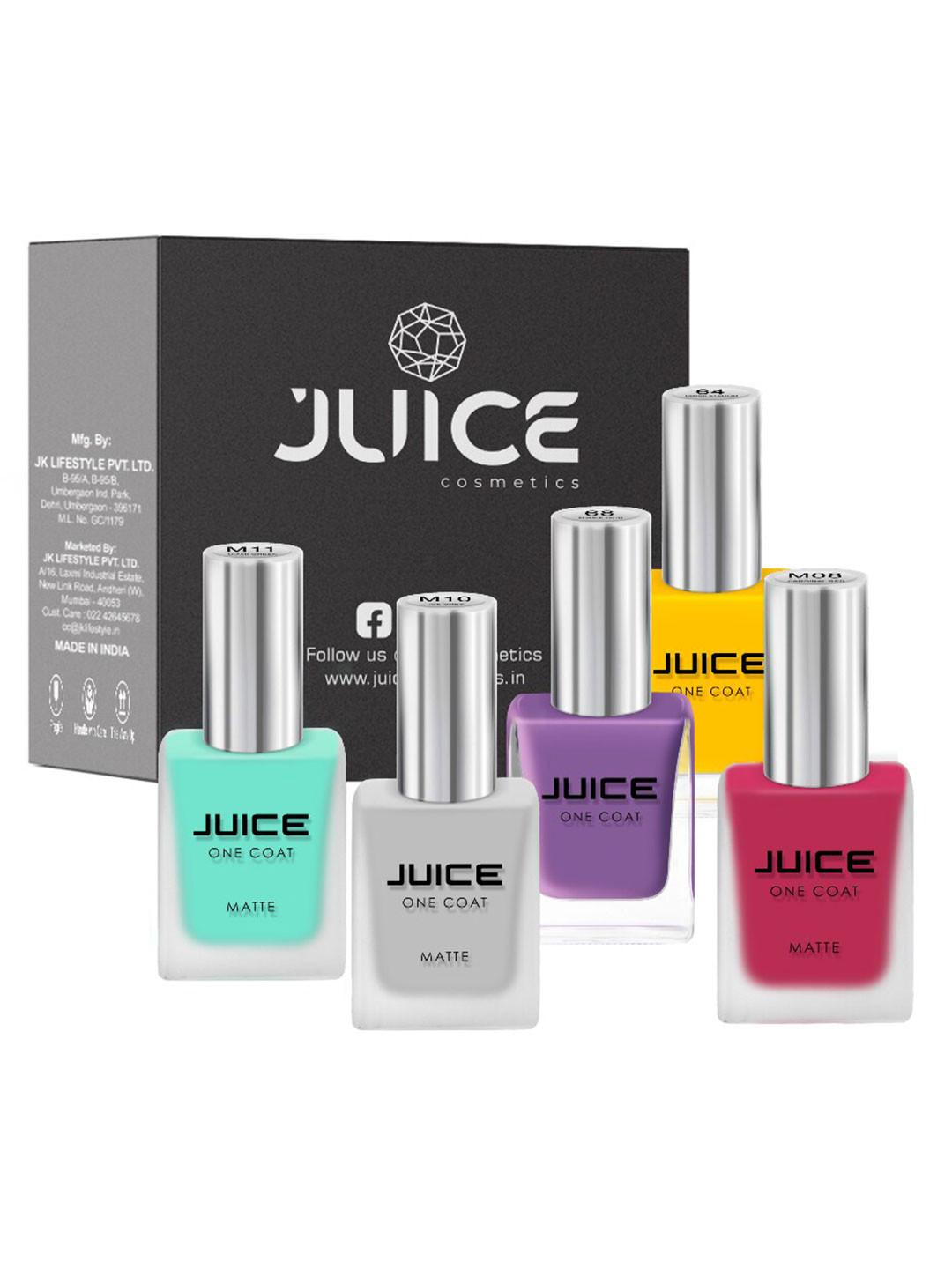 

JUICE Set of 5 Nail Paint Cardinal Red-M08 Ice Grey-M10 Miami Green-M11 Lemon Cadmium-64 Purple Faith-68 55 m, Multi