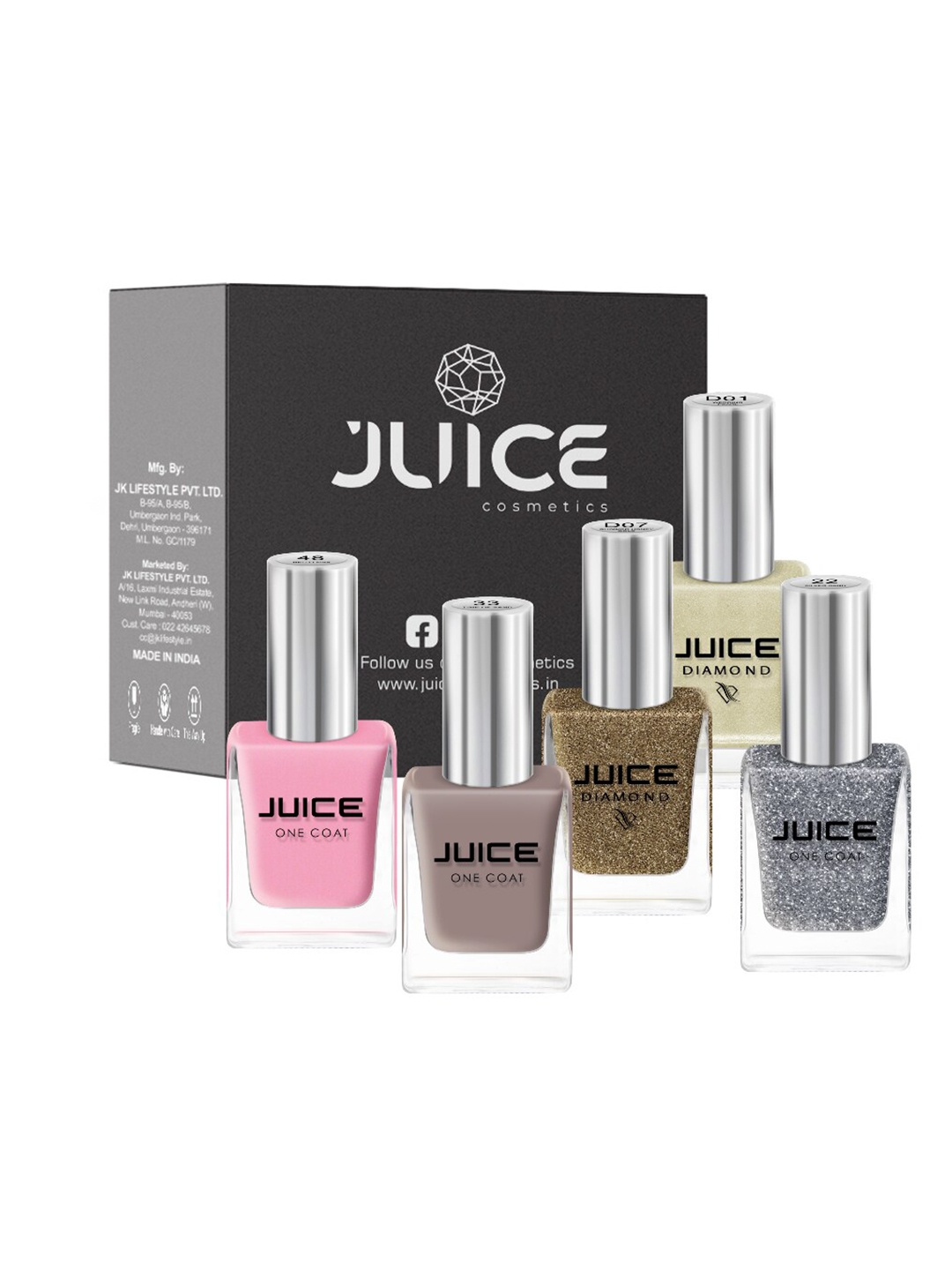 

JUICE Set of 5 Nail Paint Wedding Pearl-D01 ShimmerHoneyGold-D07 SilverSand-22 TimeOfSand-33 HelloPink-48 55 ml, Multi