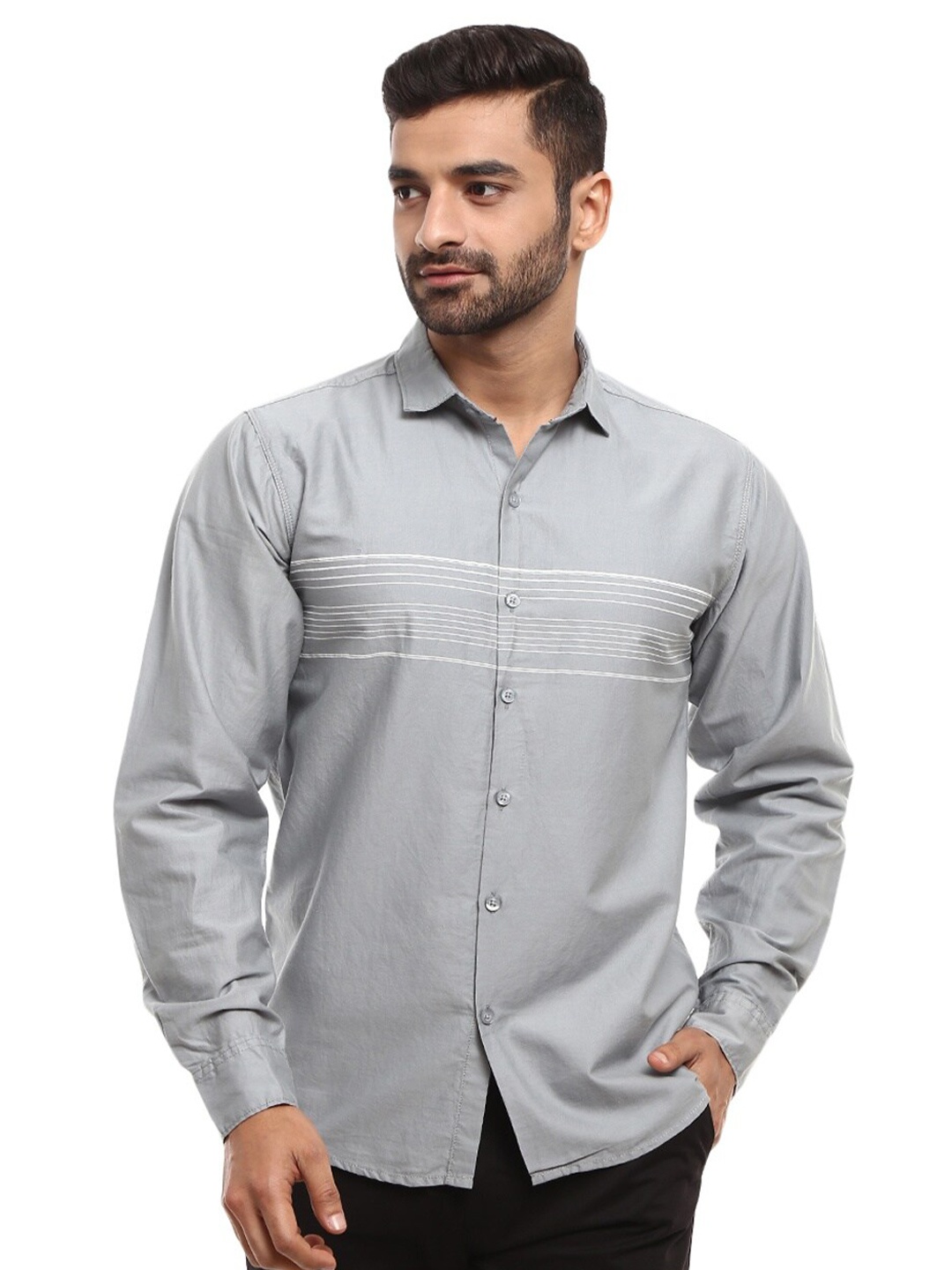 

V-Mart Men Grey Slim Fit Striped Casual Shirt