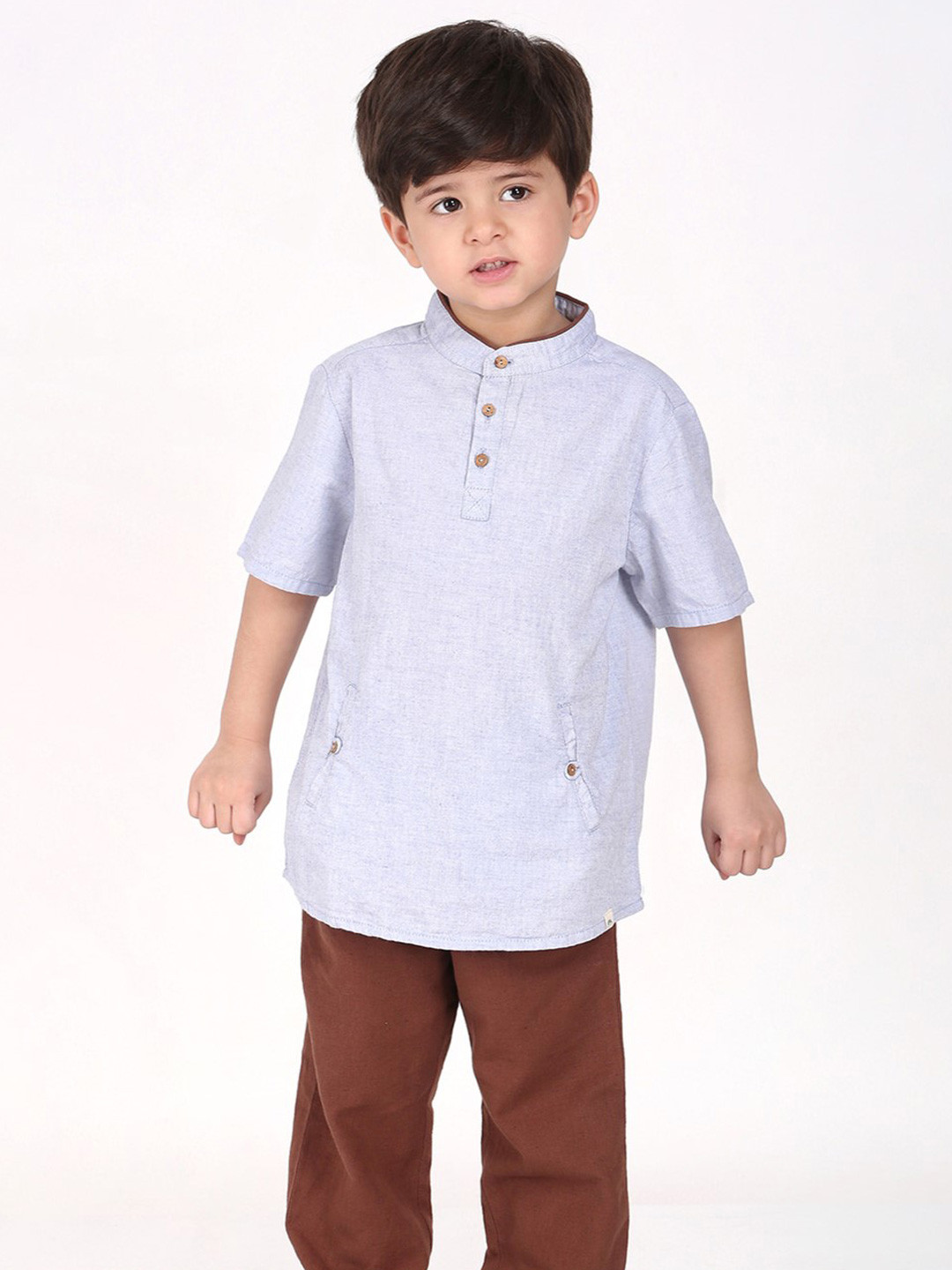Biglilpeople Boys White & Brown Solid Cotton Blend Clothing Set