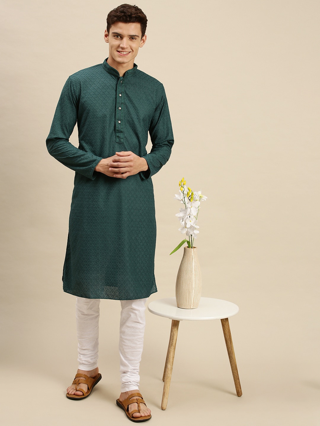 

Sanwara Men Green Embroidered Chikankari Kurta with Churidar