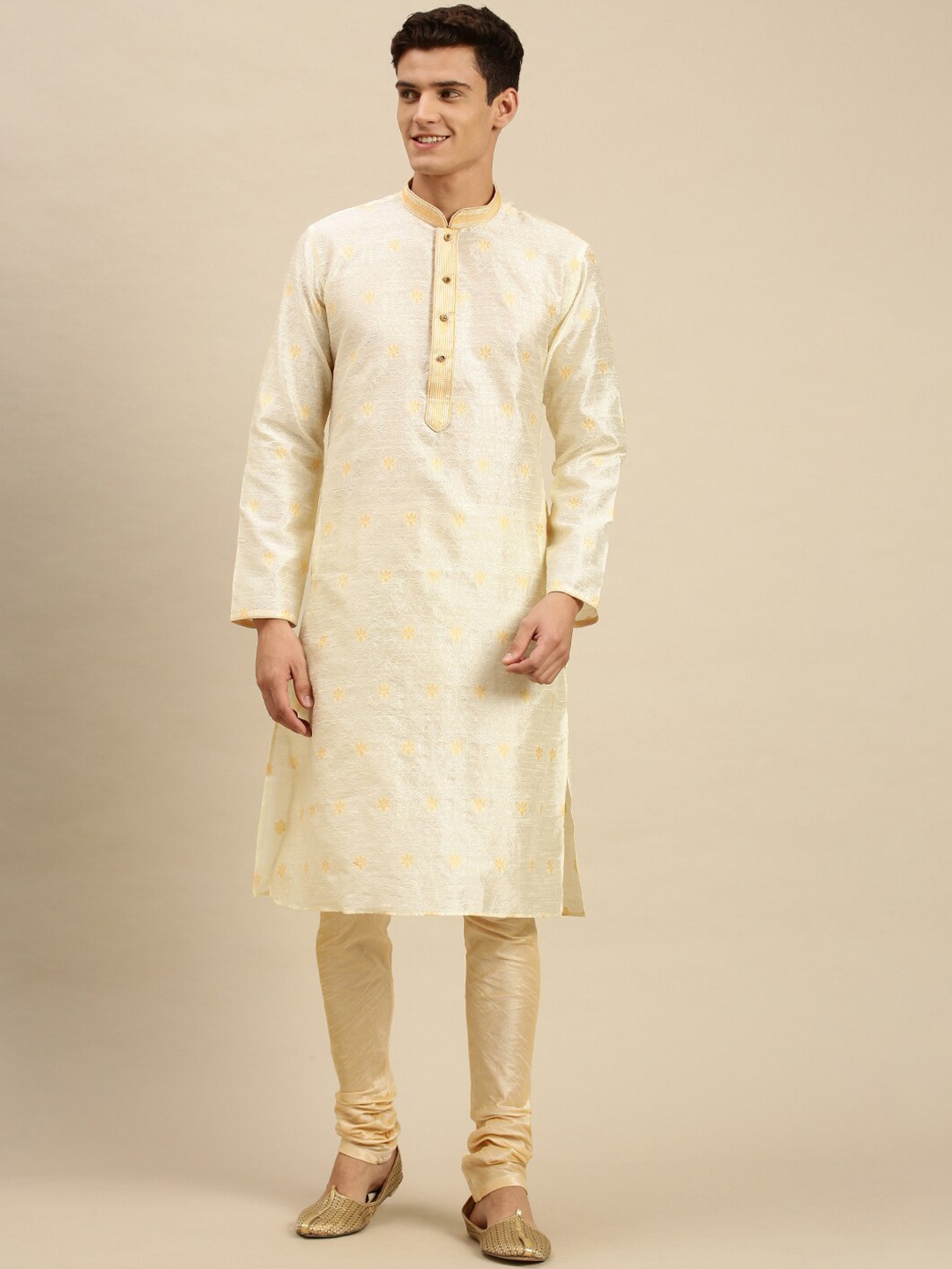 

Sanwara Men Cream-Coloured Floral Embroidered Angrakha Kurta with Churidar