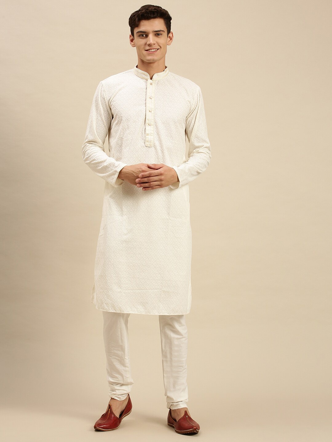 

Sanwara Men Off White Angrakha Kurta with Pyjamas