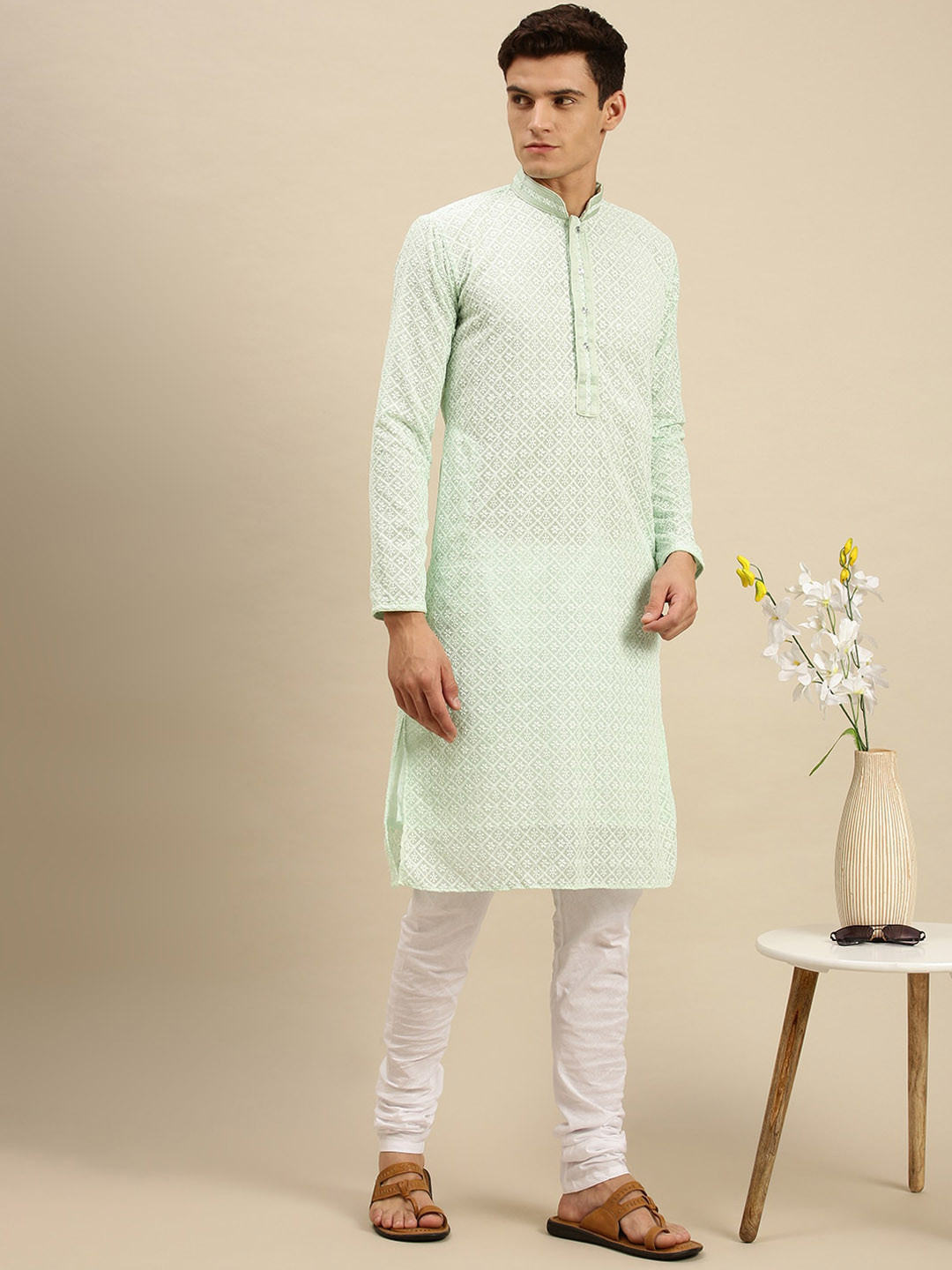 

Sanwara Men Green Chikankari Embroidered Kurta with Churidar