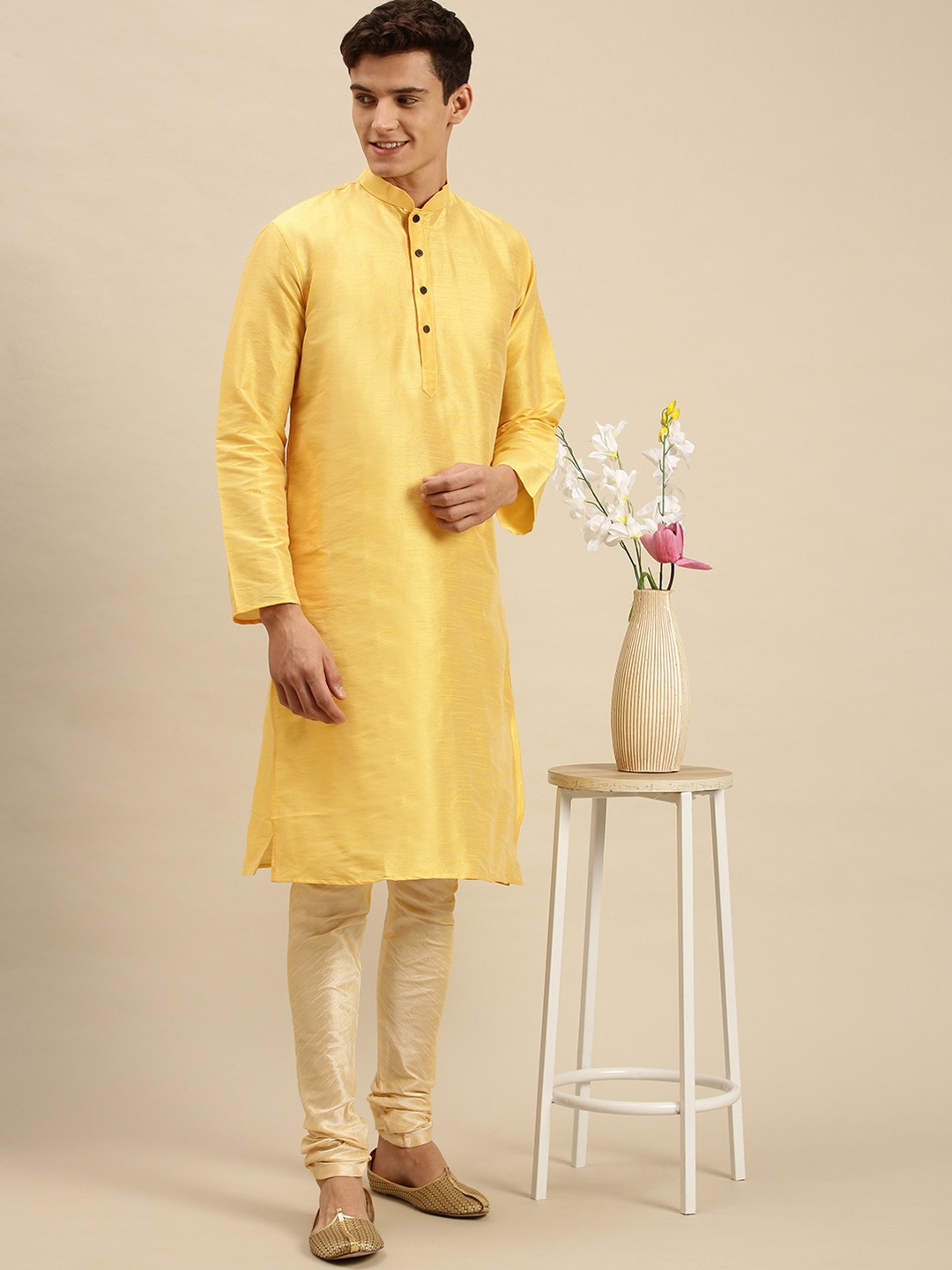 

Sanwara Men Yellow Solid Kurta with Churidar