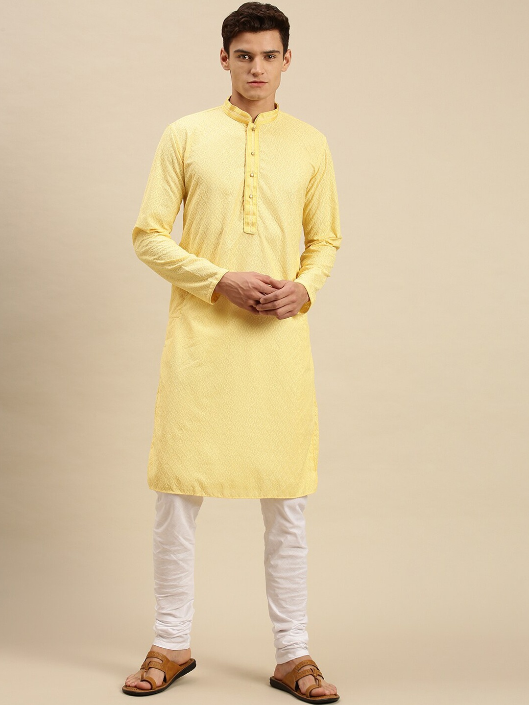 

Sanwara Men Lime Green Self-design Kurta with Churidar