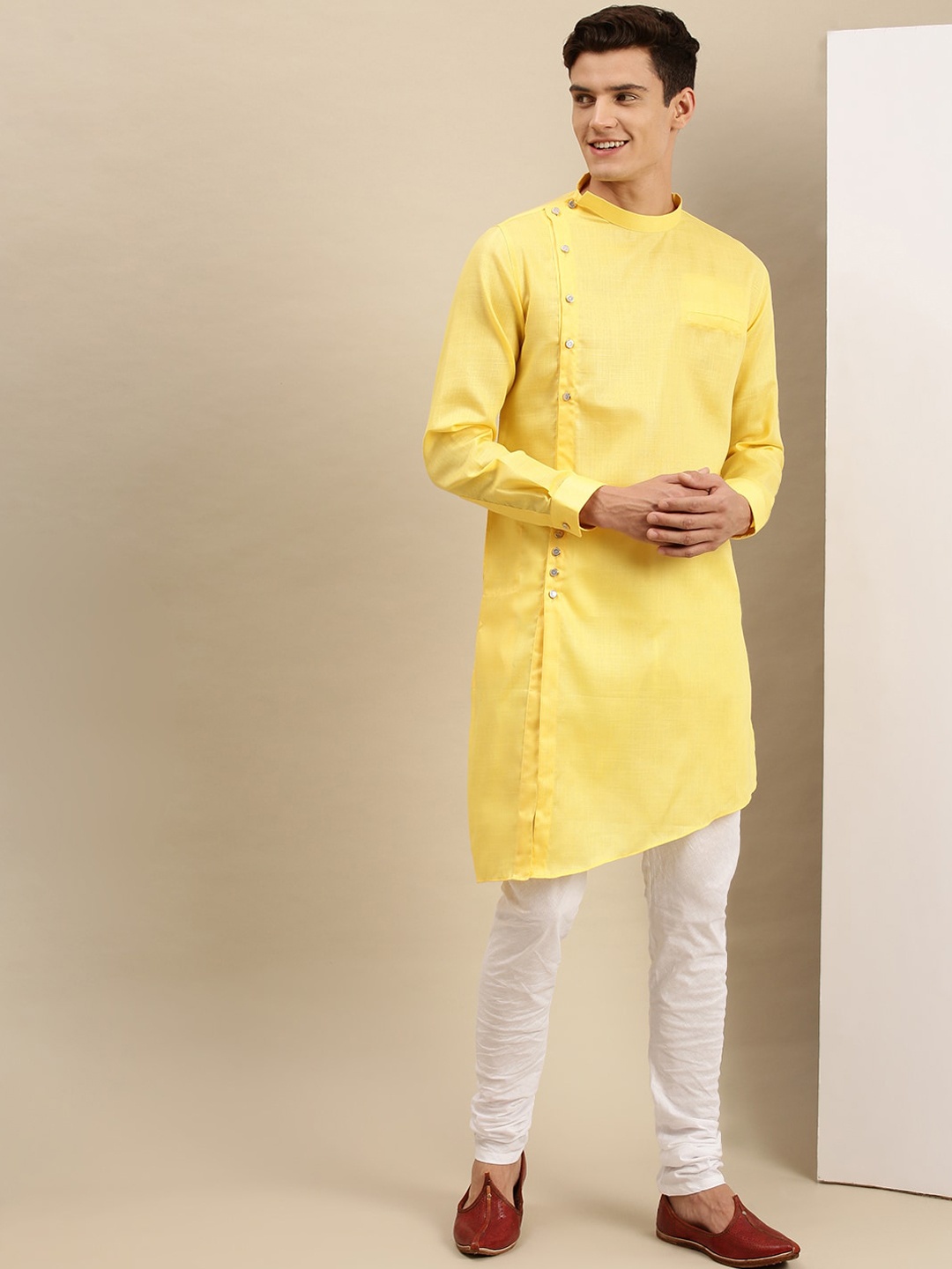 

Sanwara Men Lemon Solid Angrakha Kurta with Churidar, Lime green