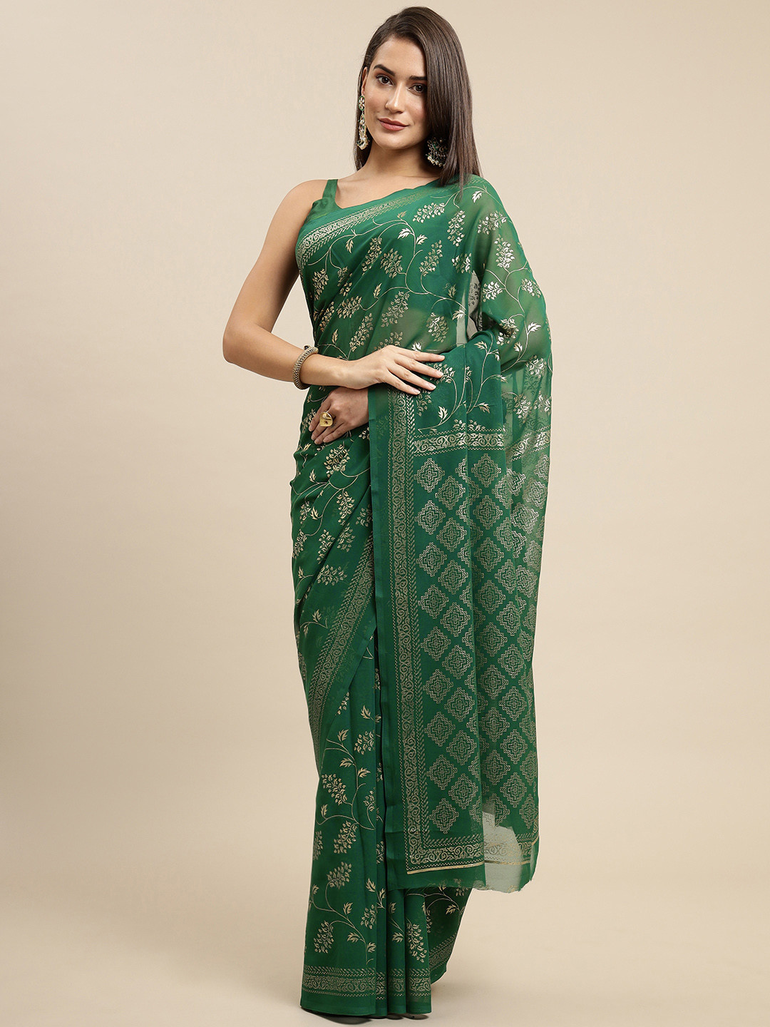 

KALINI Women Green & Silver-Toned Ethnic Motifs Saree