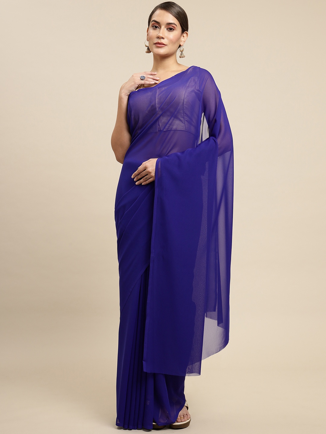 

ANAND SAREES Women Navy Blue Solid Saree