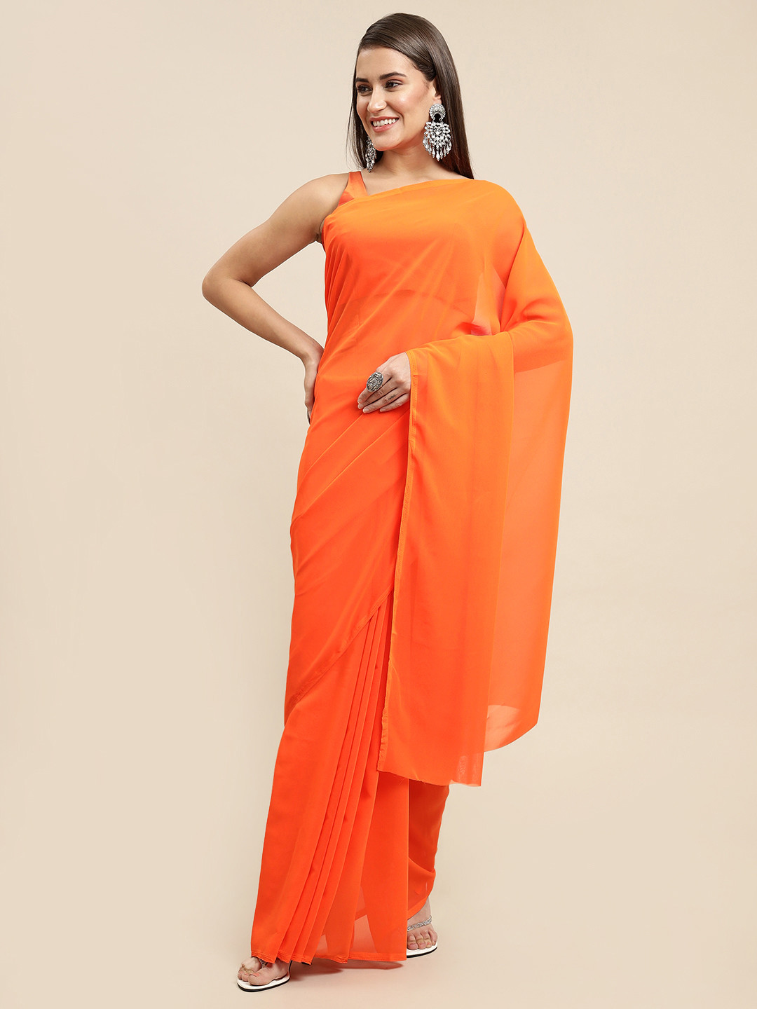 

ANAND SAREES Women Orange Solid Saree