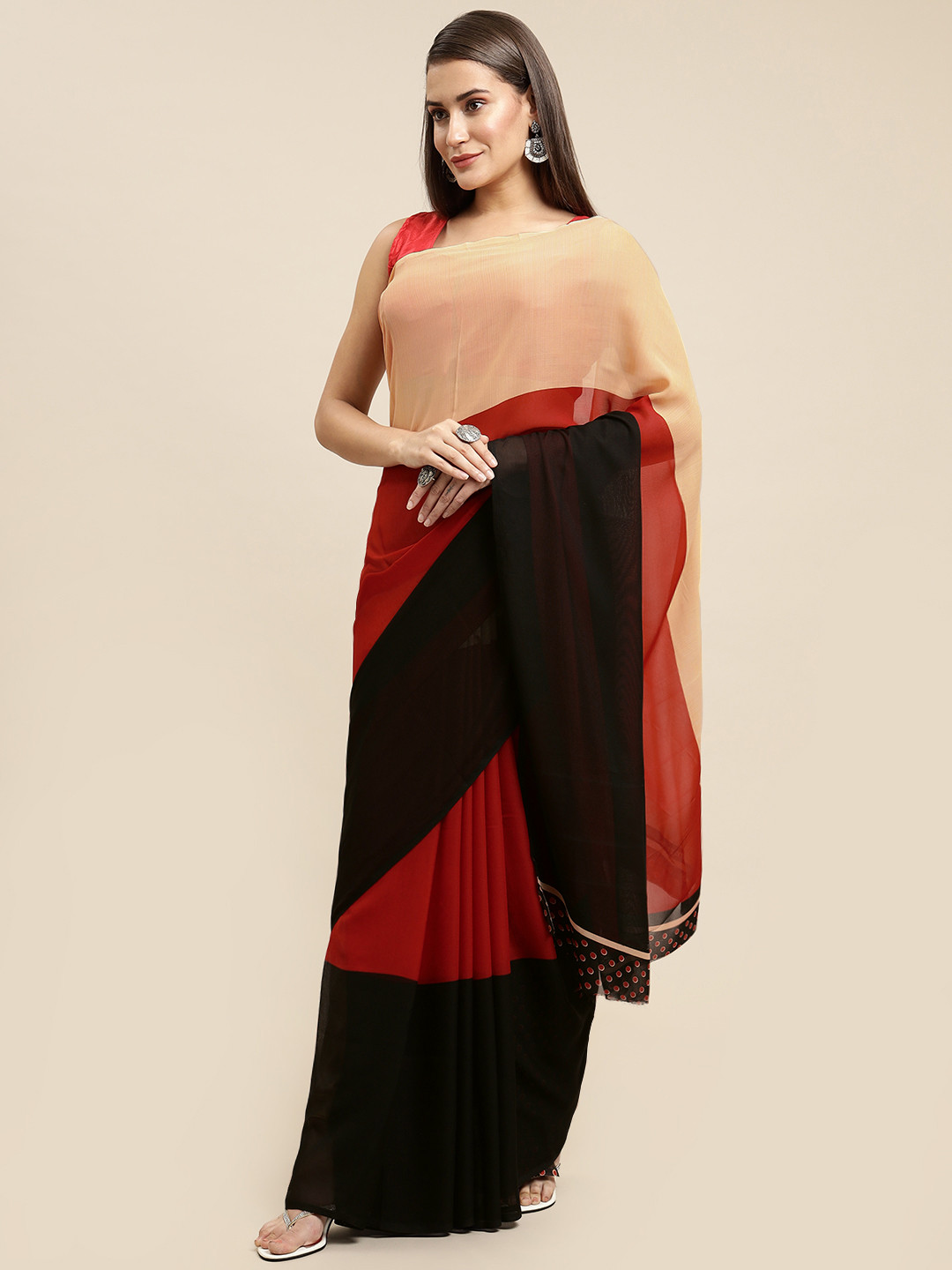 

KALINI Women Black & Red Colourblocked Saree