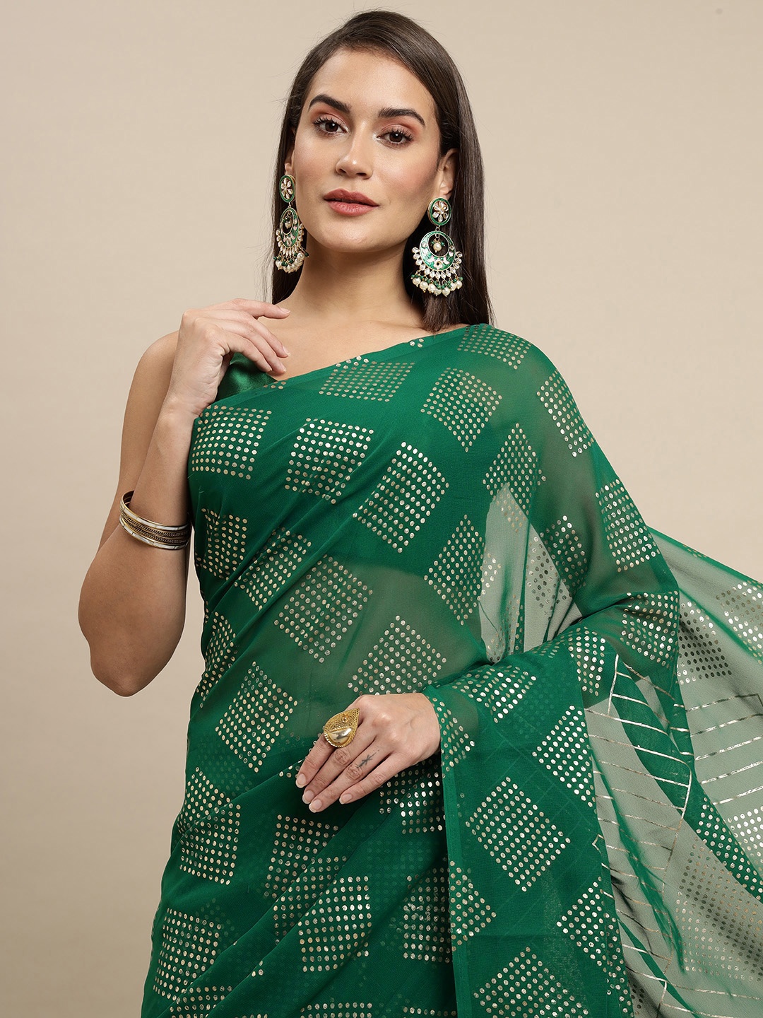 

KALINI Green & Gold-Toned Embellished Saree