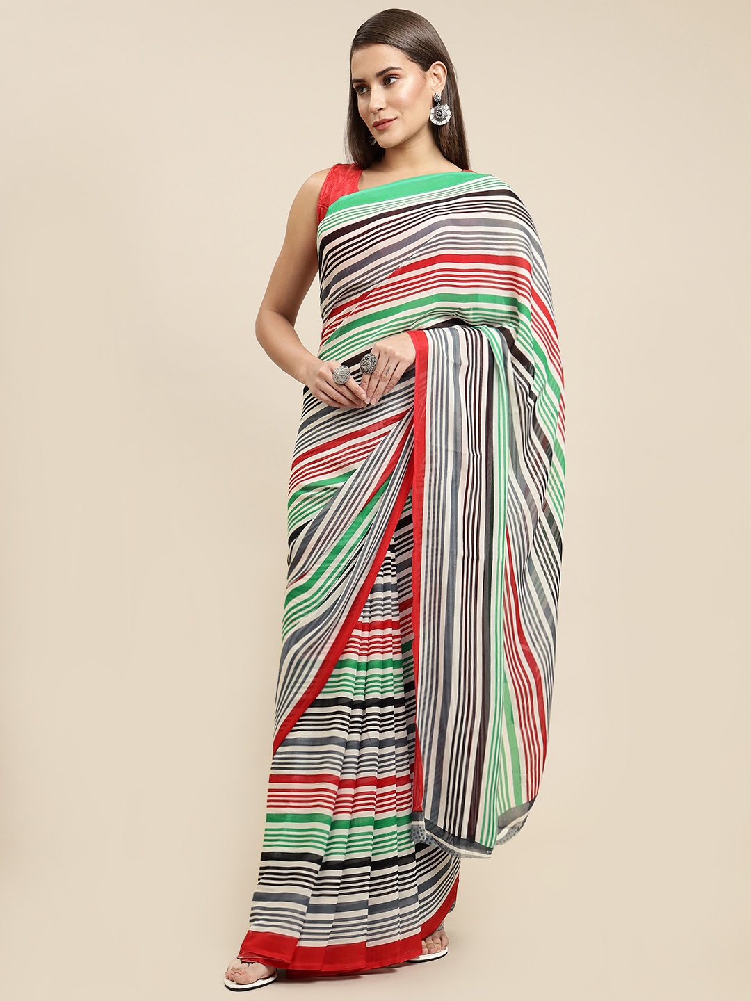 

ANAND SAREES Women White & Red Striped Saree