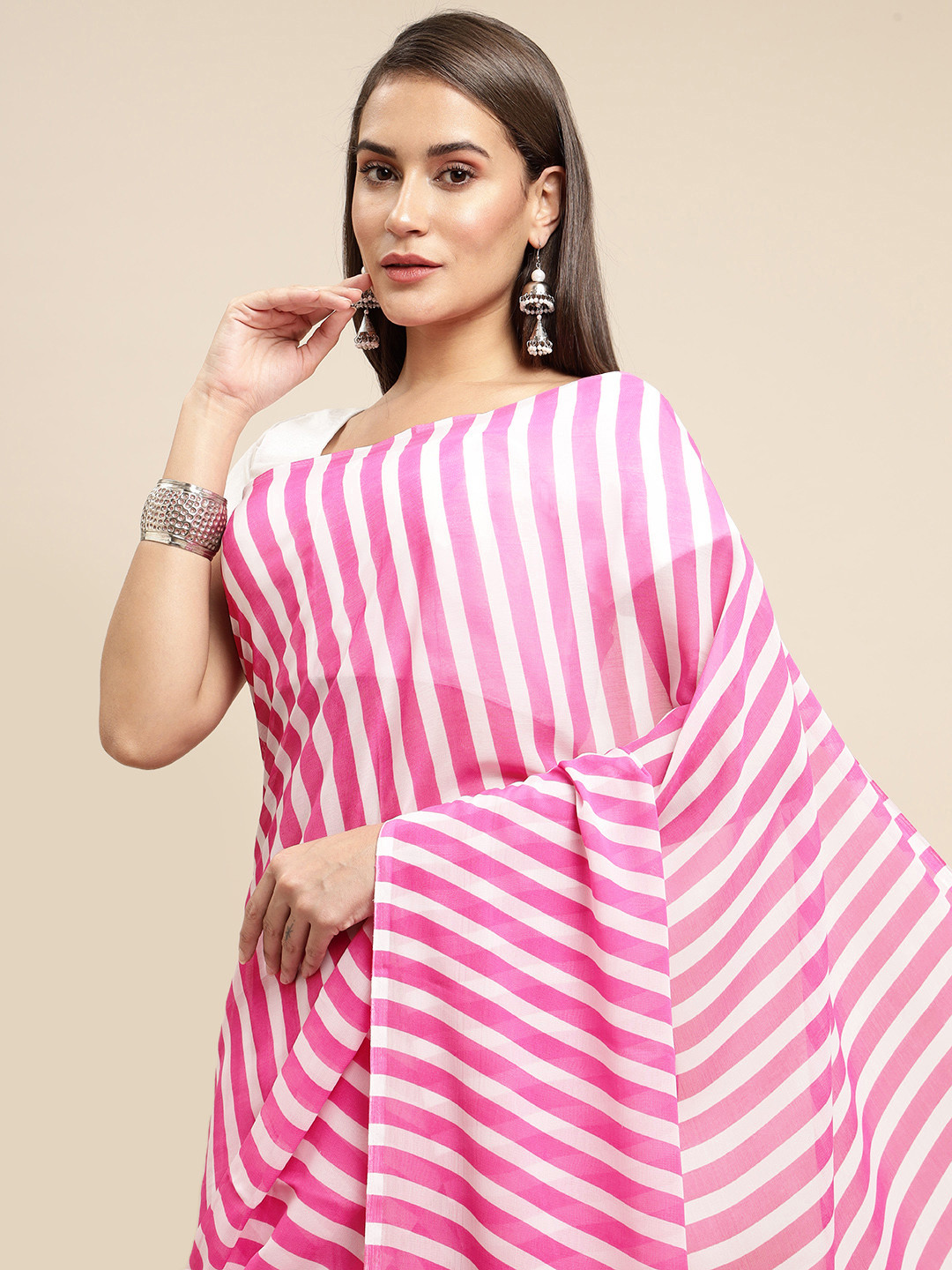 

KALINI Women Pink & White Striped Saree