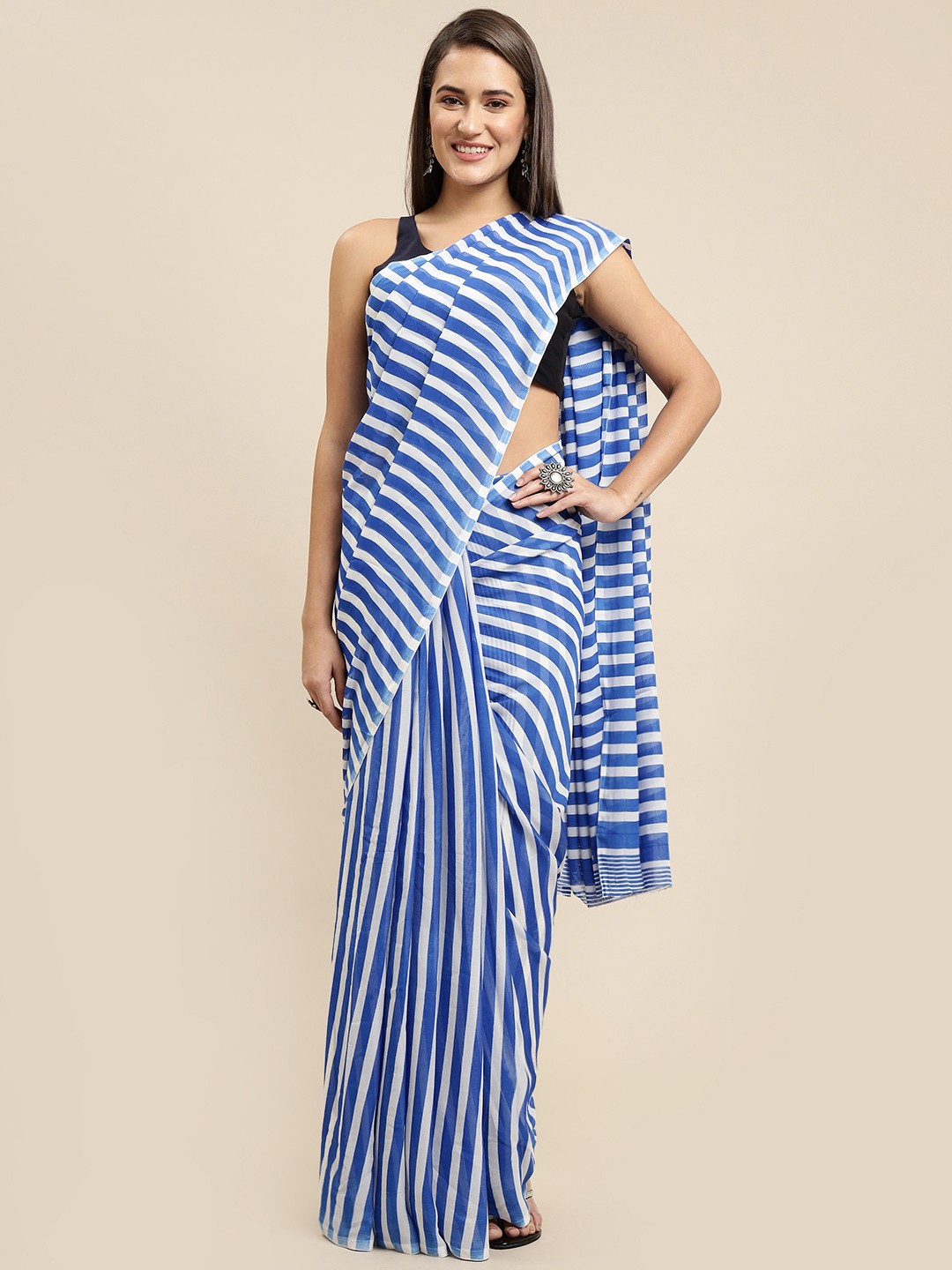 

KALINI Women Blue & White Striped Saree