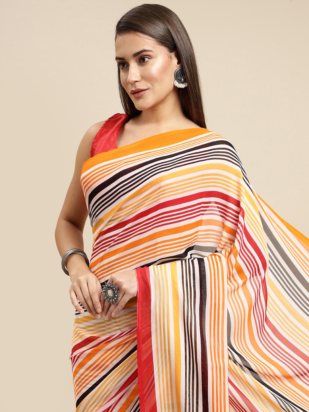 

KALINI Women Red & Mustard Striped Saree