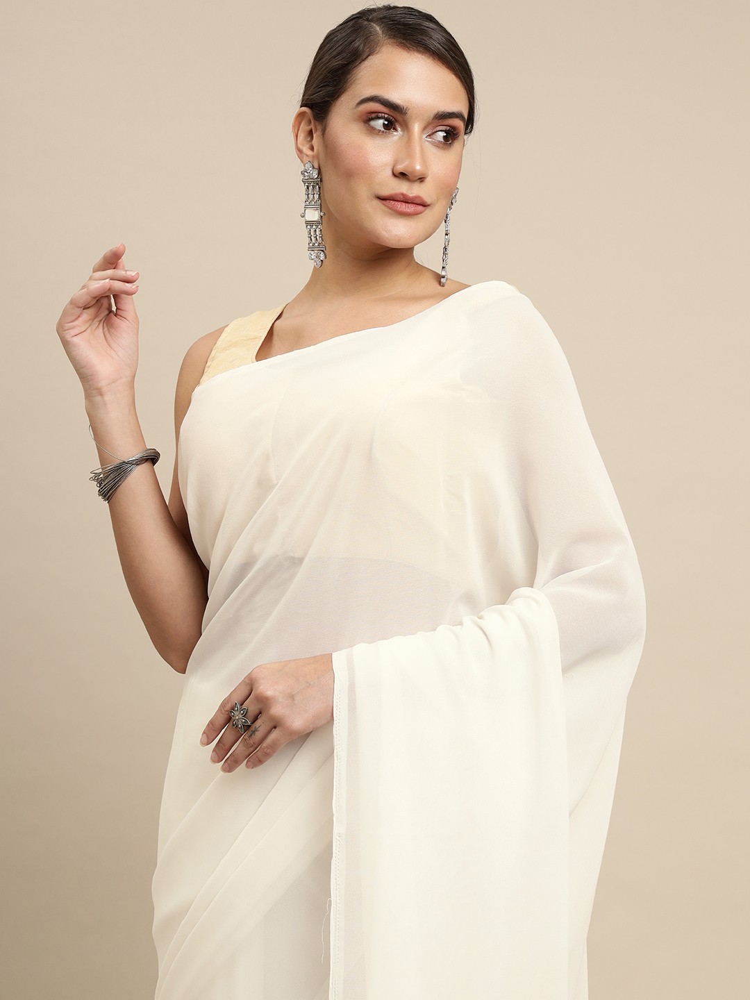 

KALINI Women Off White Solid Saree