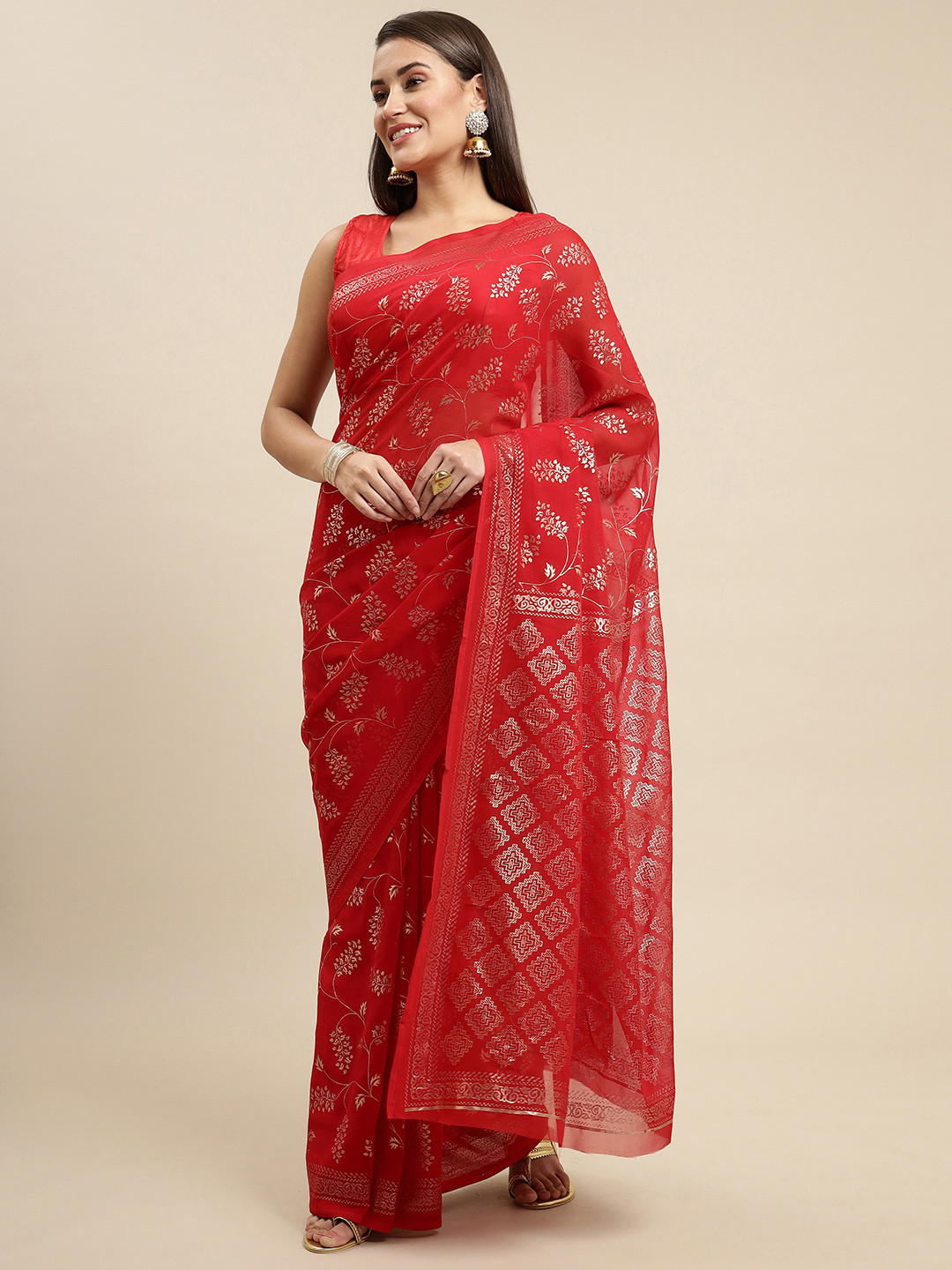 

KALINI Women Red Ethnic Motifs Embroidered Saree