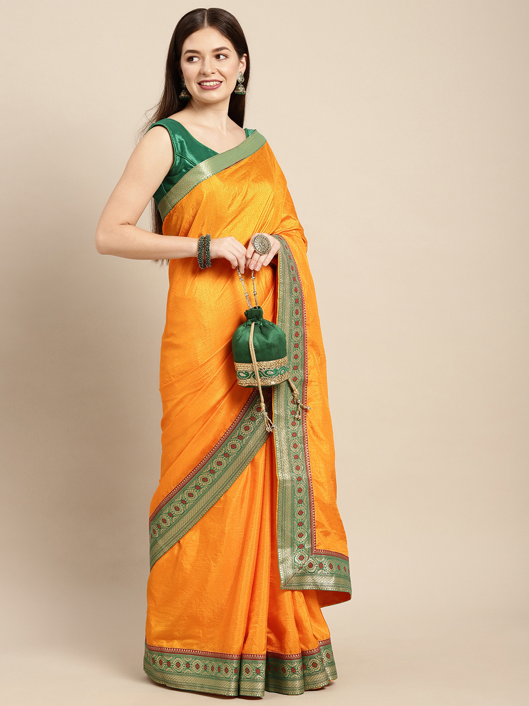 

KALINI Yellow & Green Solid Saree