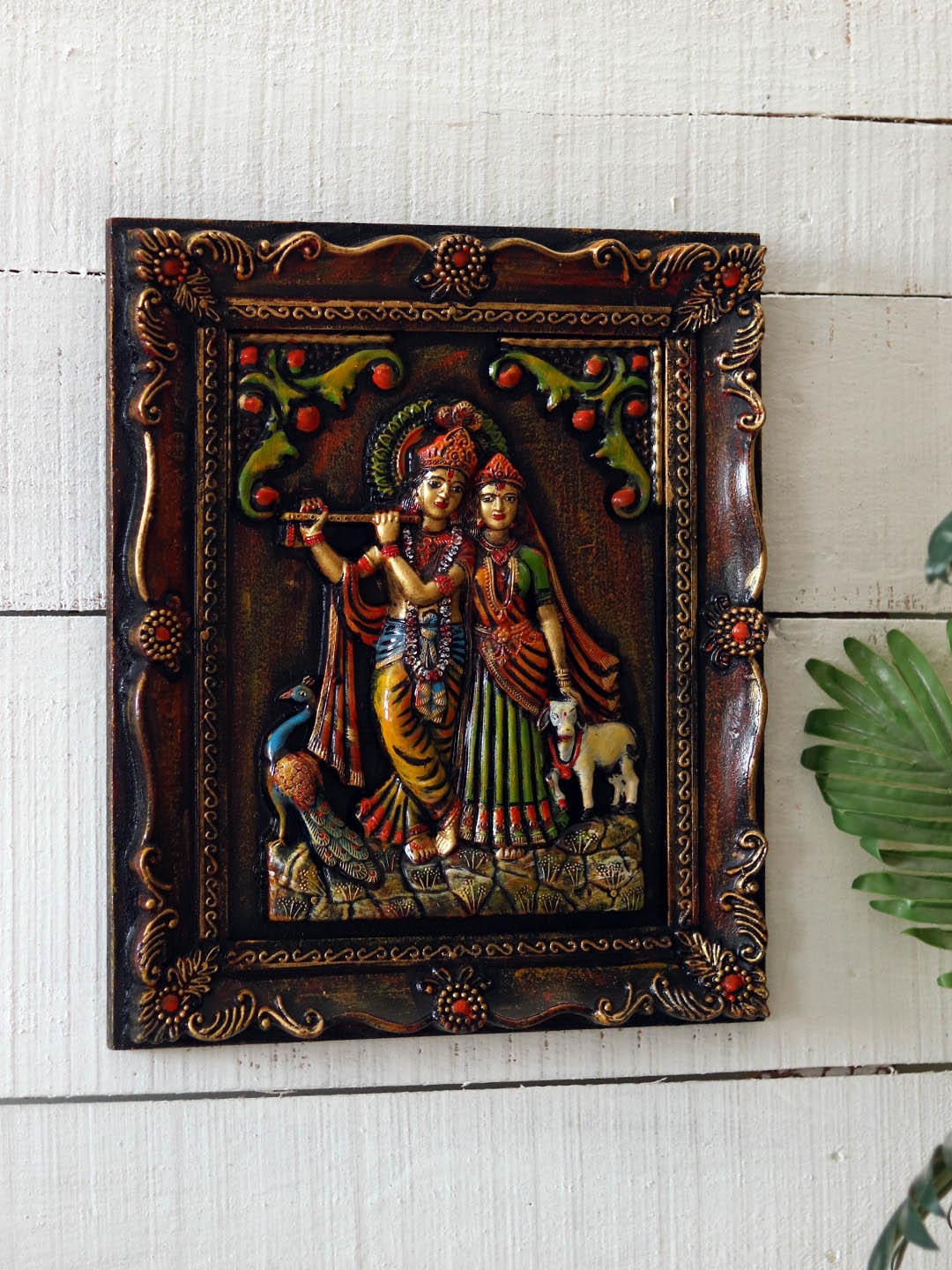 

Unravel India Brown Dancing Radha Krishna Wall Art In Wooden Frame