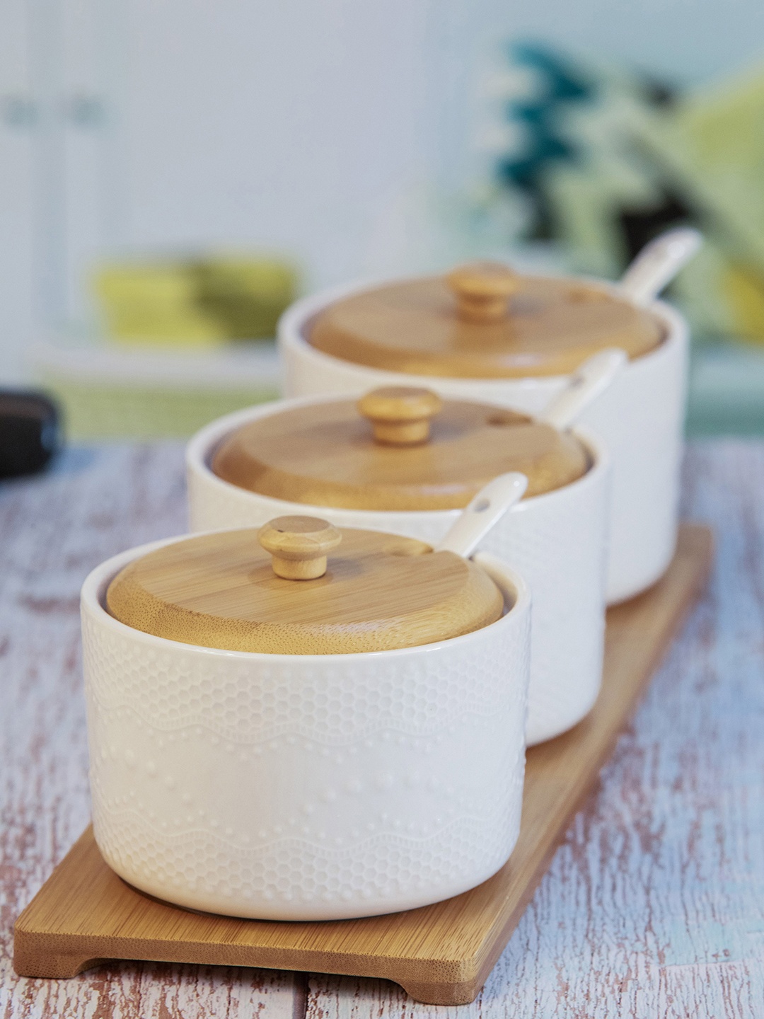 

White Gold & White Set of 3 Porcelain Container with Wooden Lid & Tray with Spoon