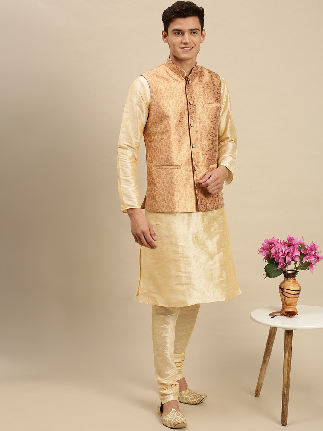 

Sanwara Men Peach Colored Woven Design Nehru Jacket