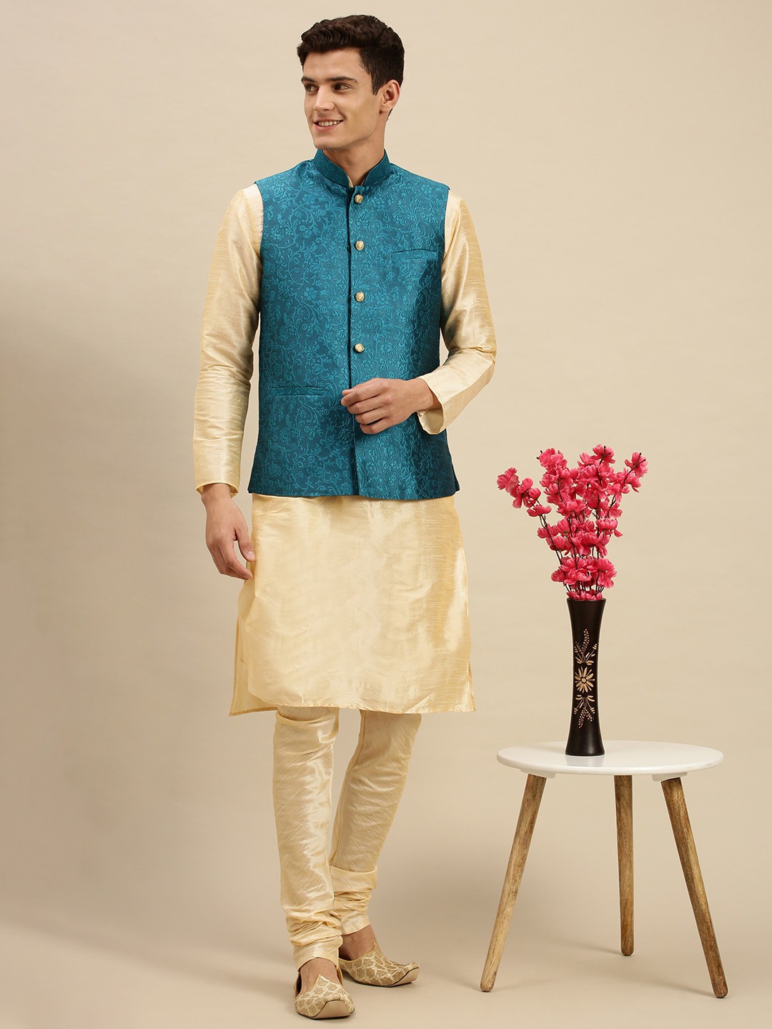

Sanwara Men Teal Green Printed Silk Nehru Jackets