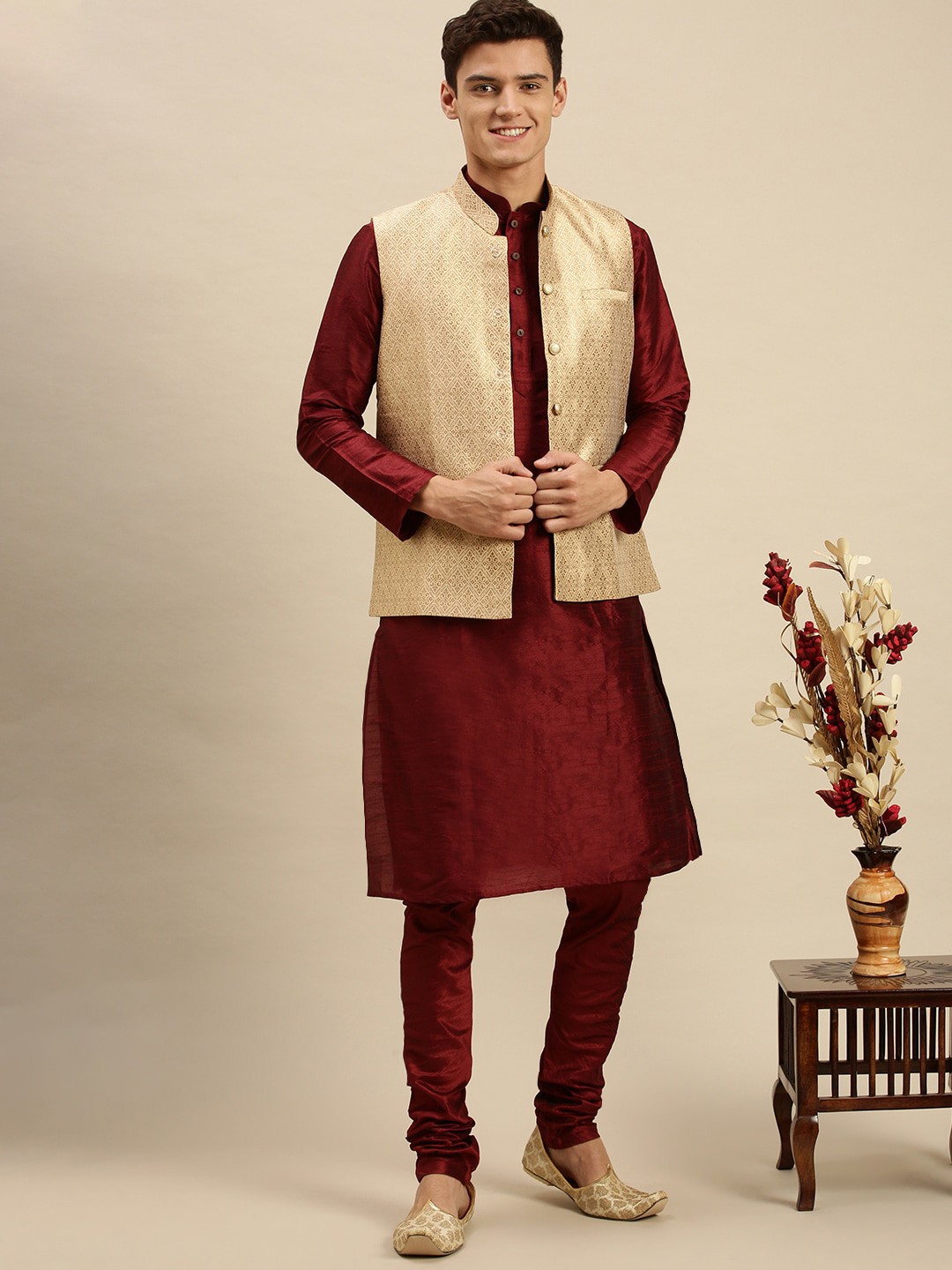 

Sanwara Men Beige Woven Design Nehru Jackets