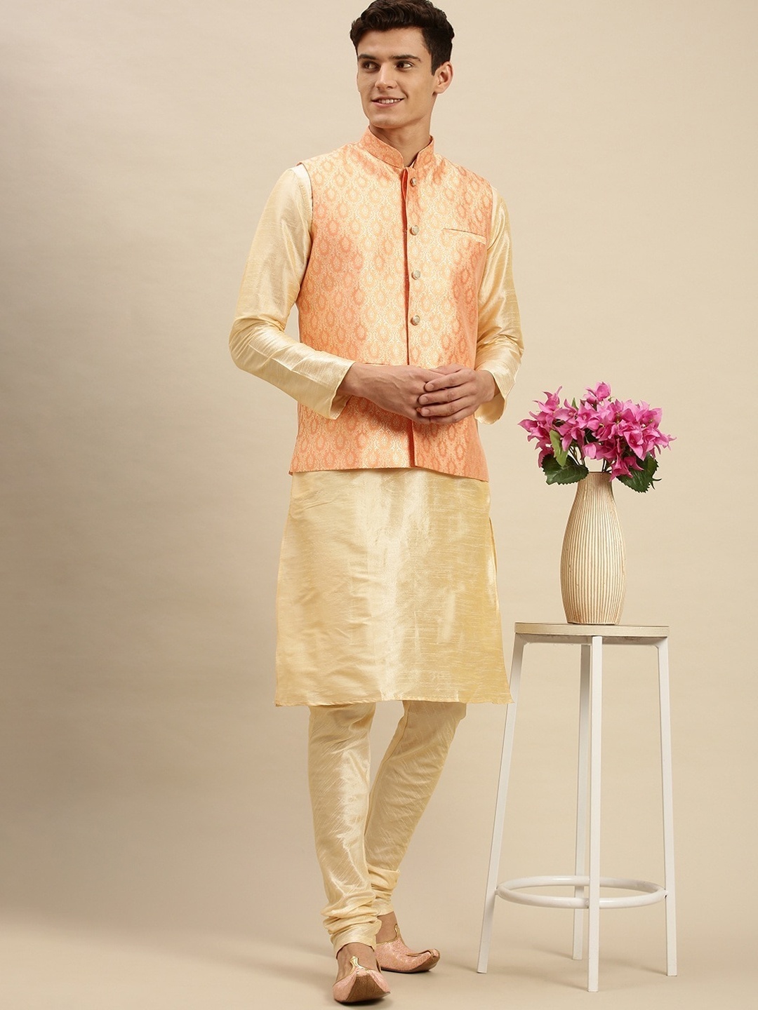 

Sanwara Men Pink Printed Woven Nehru Jackets