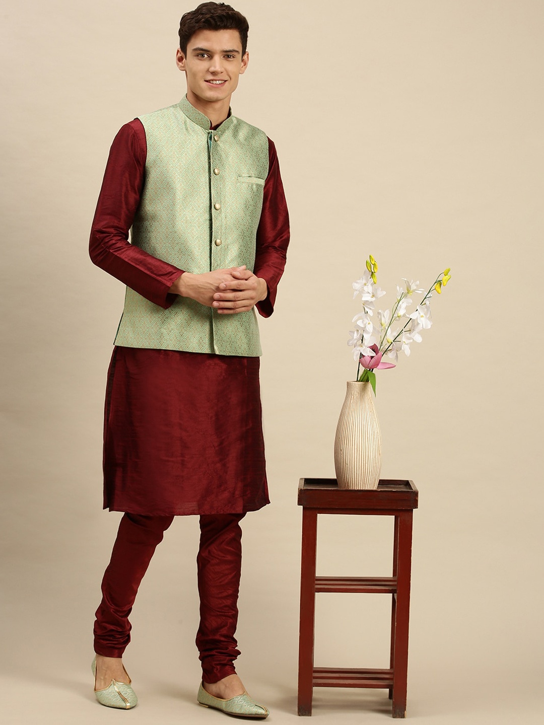 

Sanwara Men Green Woven Design Nehru Jackets