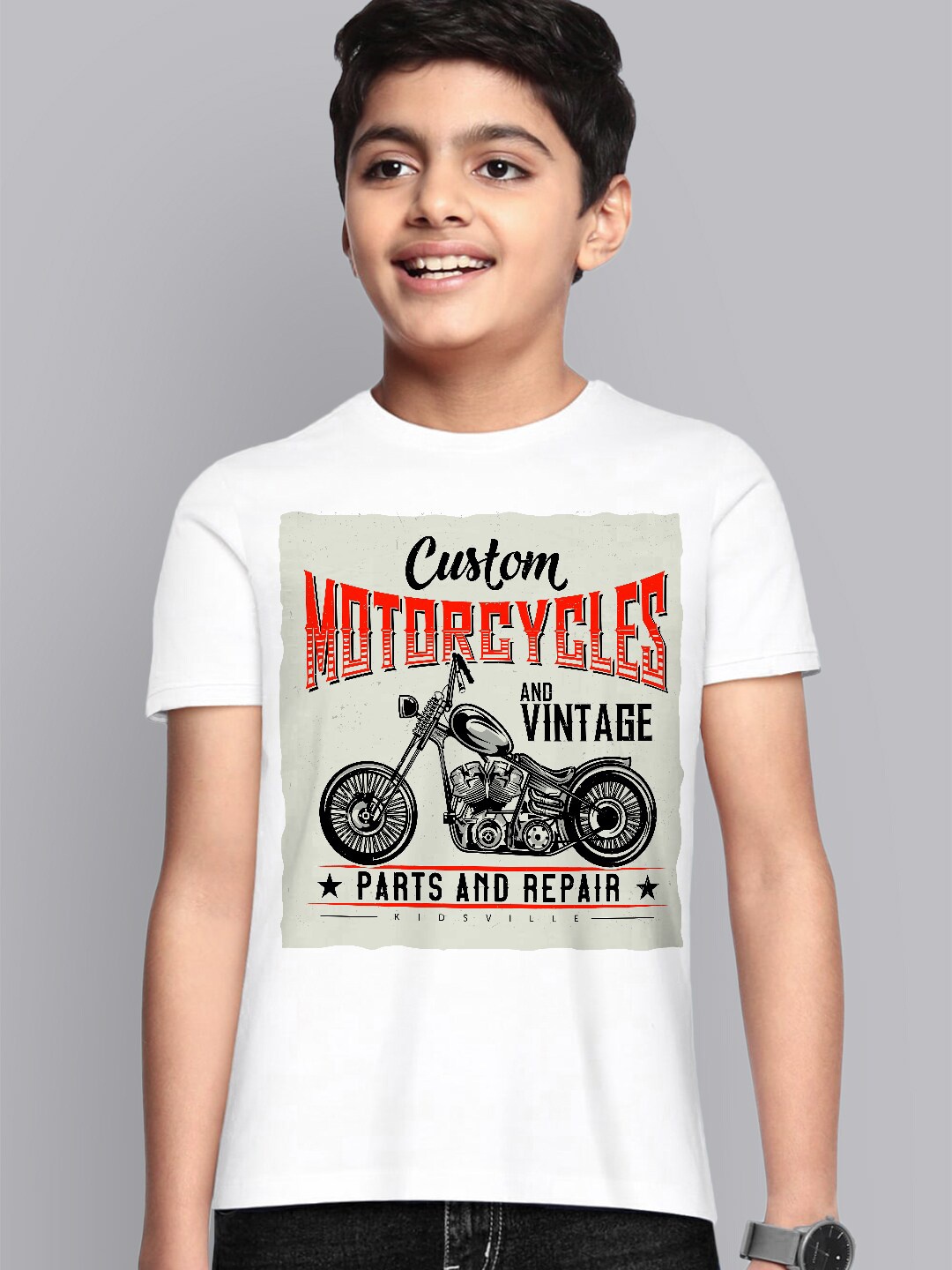 

Kids Ville Boys White Printed Cotton Tshirts